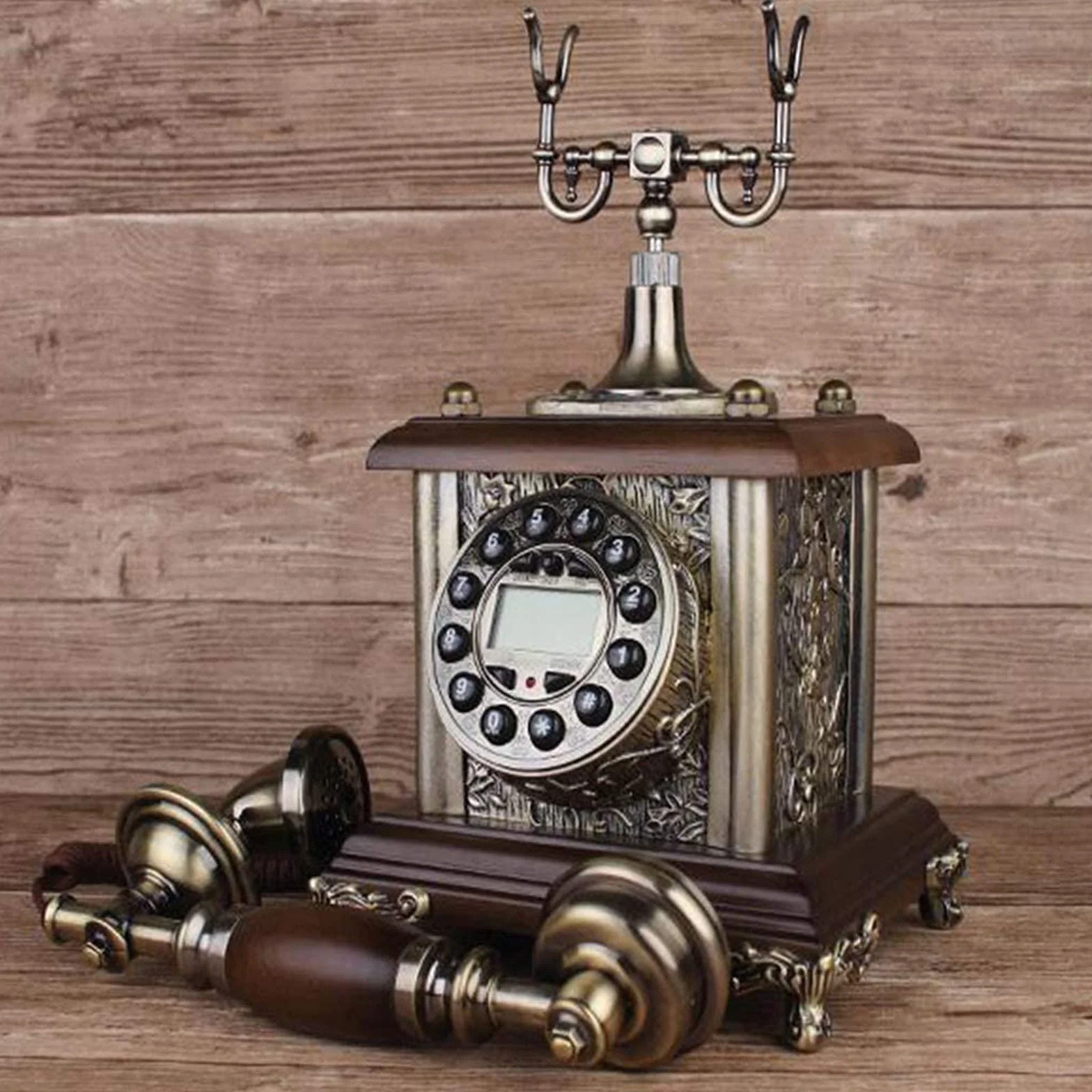 Przewodowy telefon stacjonarny w stylu retro – klasyczny vintage staromodny stół biurkowy w stylu obrotowym biuro domowe biuro spiralny przewód słuchawka z wybieraniem przycisków, standardowy telefon