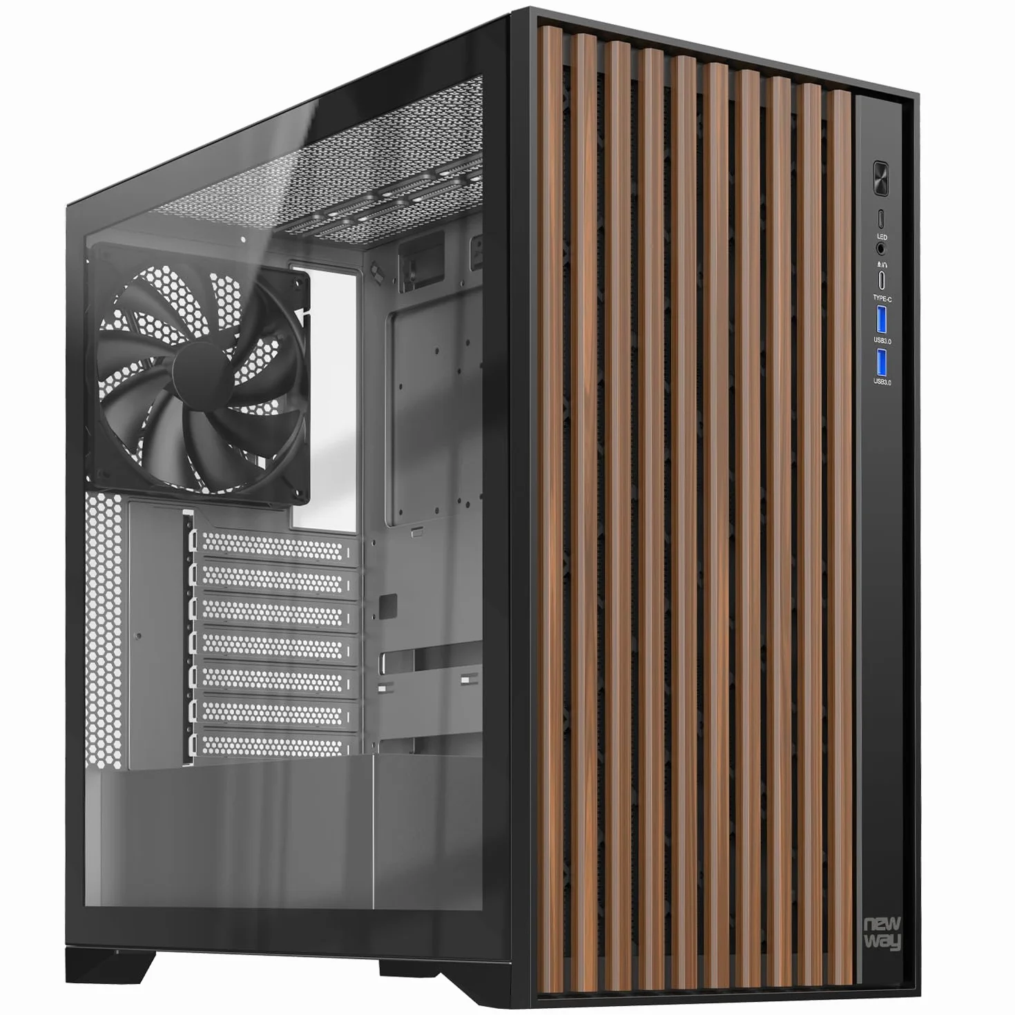 NEWWAY - 2024 Nowość - Obudowa komputera NW1 drewniana przednia - Medium Tour Kompatybilny z ATX/Micro-ATX/ITX - Typ C USB - Wentylatory w zestawie 3x140MM - Panel boczny Szkło hartowane