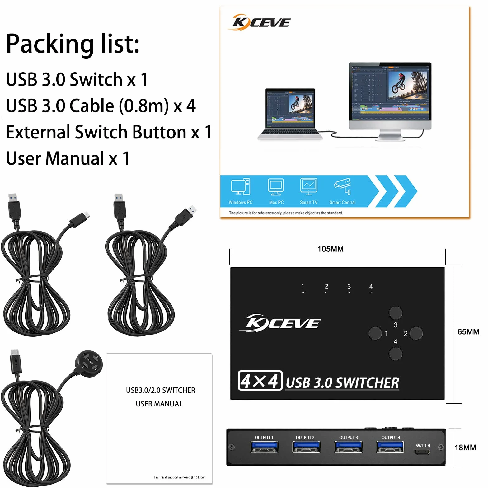 Selektor Przełącznika USB 3.0 4 Porty, MLEEDA Przełącznik KVM 4 Komputery Udostępniające 4 Urządzenia USB, do Skanera Drukarki Klawiatury i Myszy, Przewodowym Przyciskiem Zdalnego i 4 Kablami USB 3.0