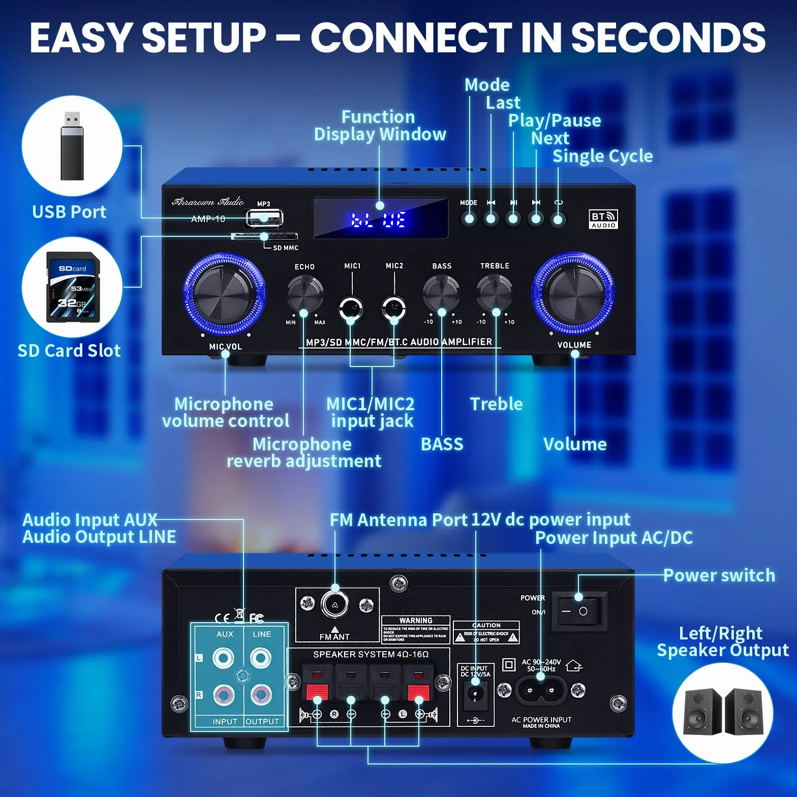 Amp10 wzmacniacz domowego audio, wzmacniacz mocy 400 W, 2-kanałowy odbiornik stereo z Bluetooth 5.0, aktywne wyjście subwoofera, radio FM, USB/SD/AUX, MIC, pilot zdalnego sterowania do kina