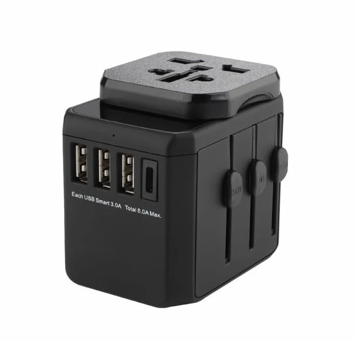 Uniwersalny adapter podróżny z 3 portami USB-A i 1 portem USB-C, Power Delivery 20W, Quick Charge 3.0, czarny, kompatybilny z gniazdami US UK EU AUS, 150+ krajów