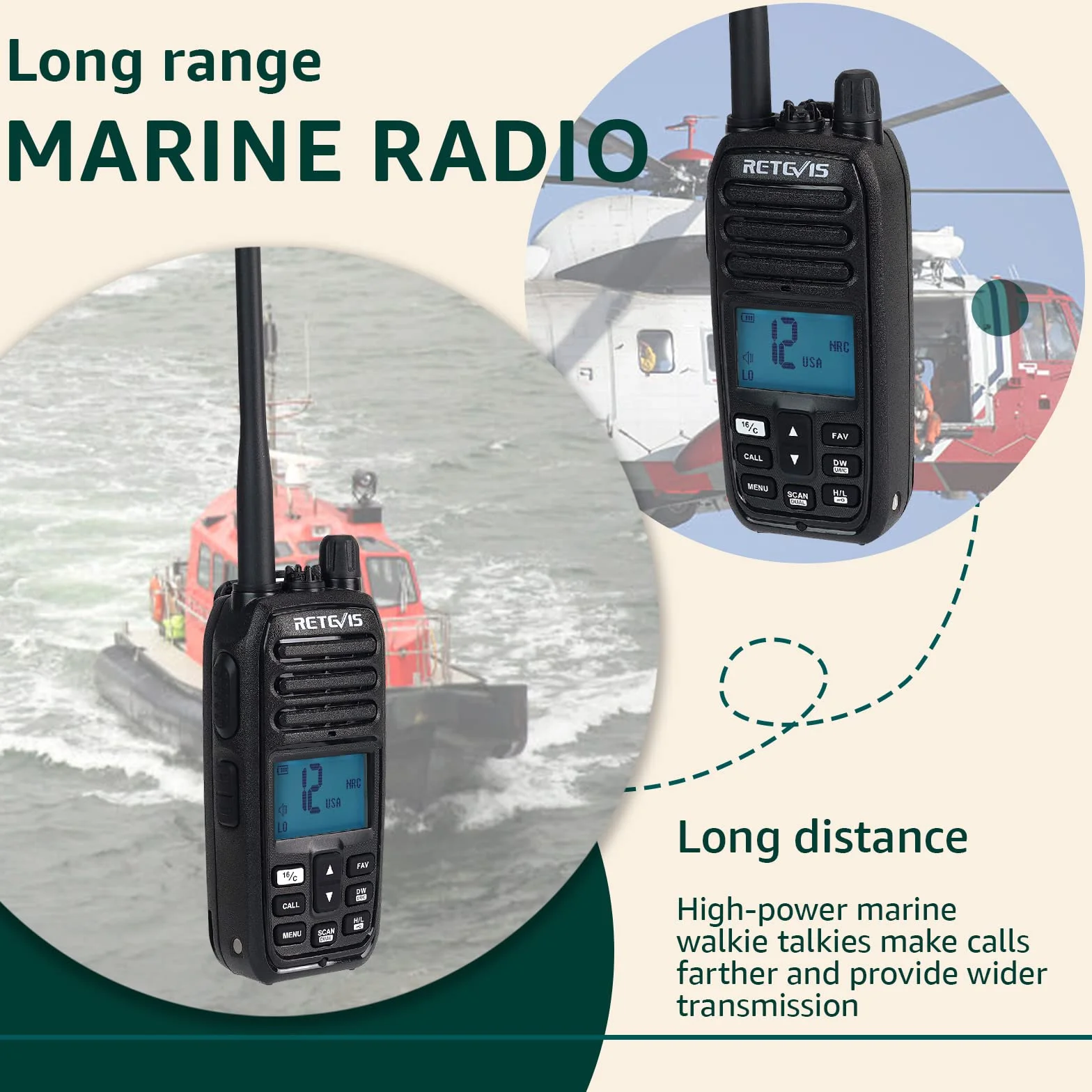 Retevis RM21 Ręczne radio morskie, wodoodporne walkie-talkie IP67, inteligentna redukcja szumów AI, 88 kanałów wysyłanych na ląd Dwukierunkowe radio dla straży przybrzeżnej(czarny, 1 opakowanie)
