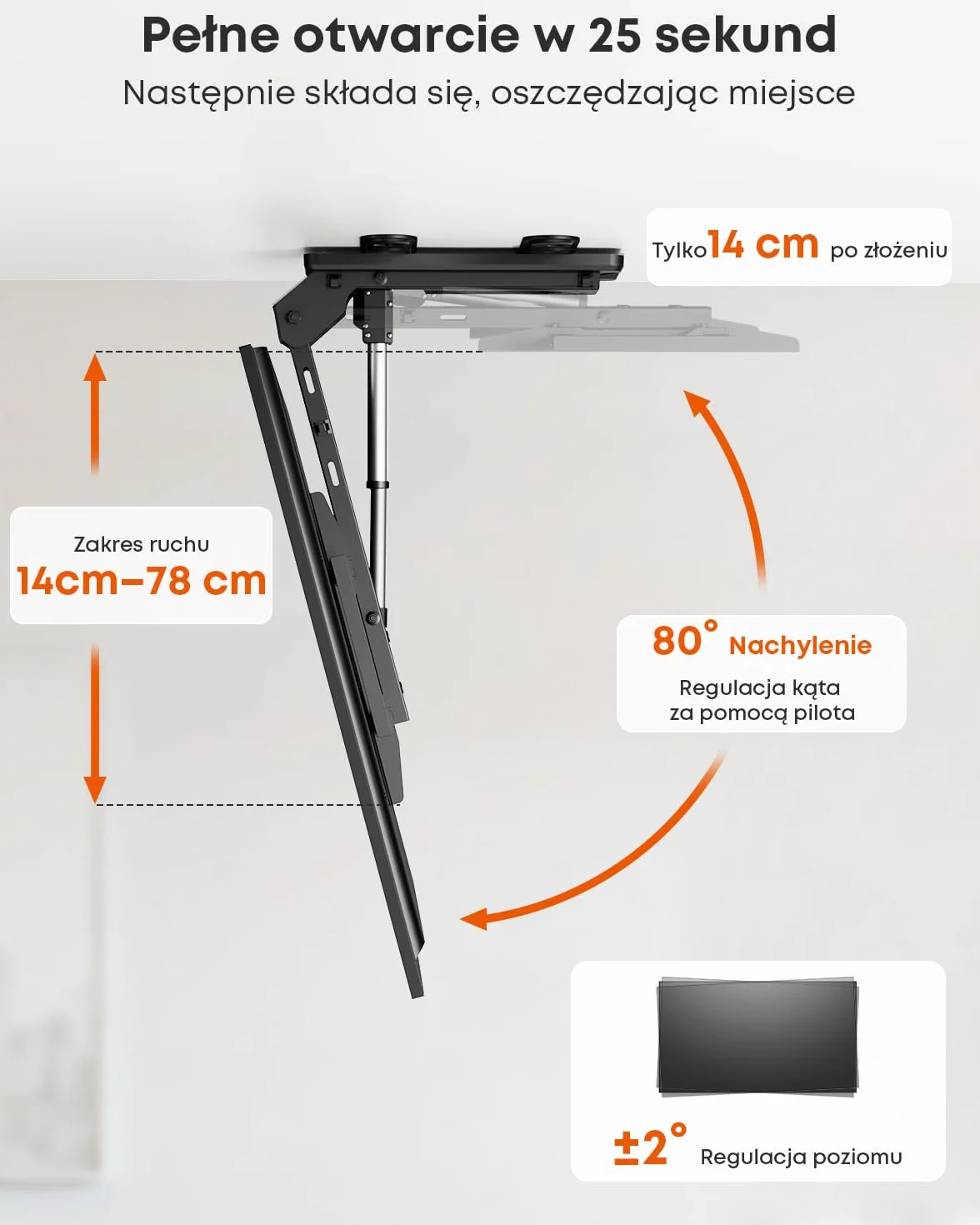 Elektryczny Uchwyt Sufitowy do TV Flip Down – Zmotoryzowany Uchwyt TV 37–86 Cali z Pilotem, Maks. Obciążenie 45 kg, VESA do 800x400 mm, Czarny