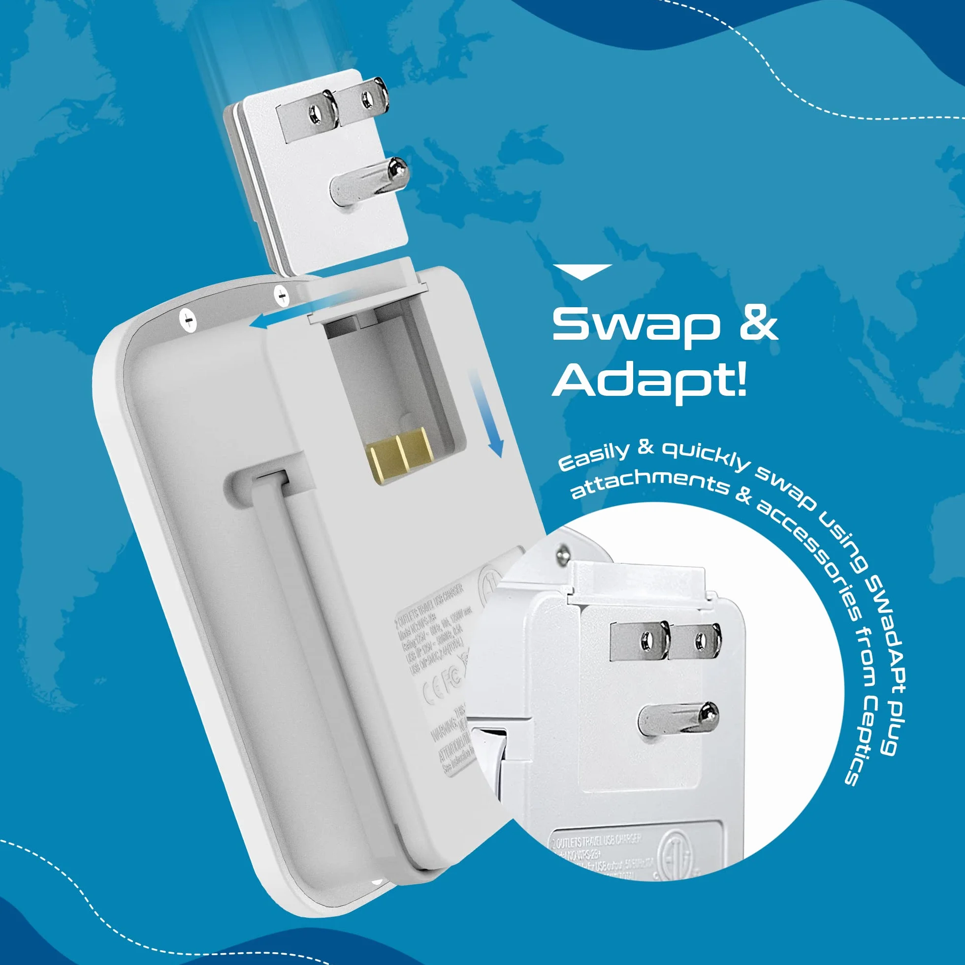 Ceptics World Travel Adapter Kit 2 USB-A, USB-C US Outlets, 20W/QC 18W Power Delivery, Surge Protection, SWADAPT Compatible for Europe, UK, China, Australia, Japan Perfect Laptop (WPS-5B)
