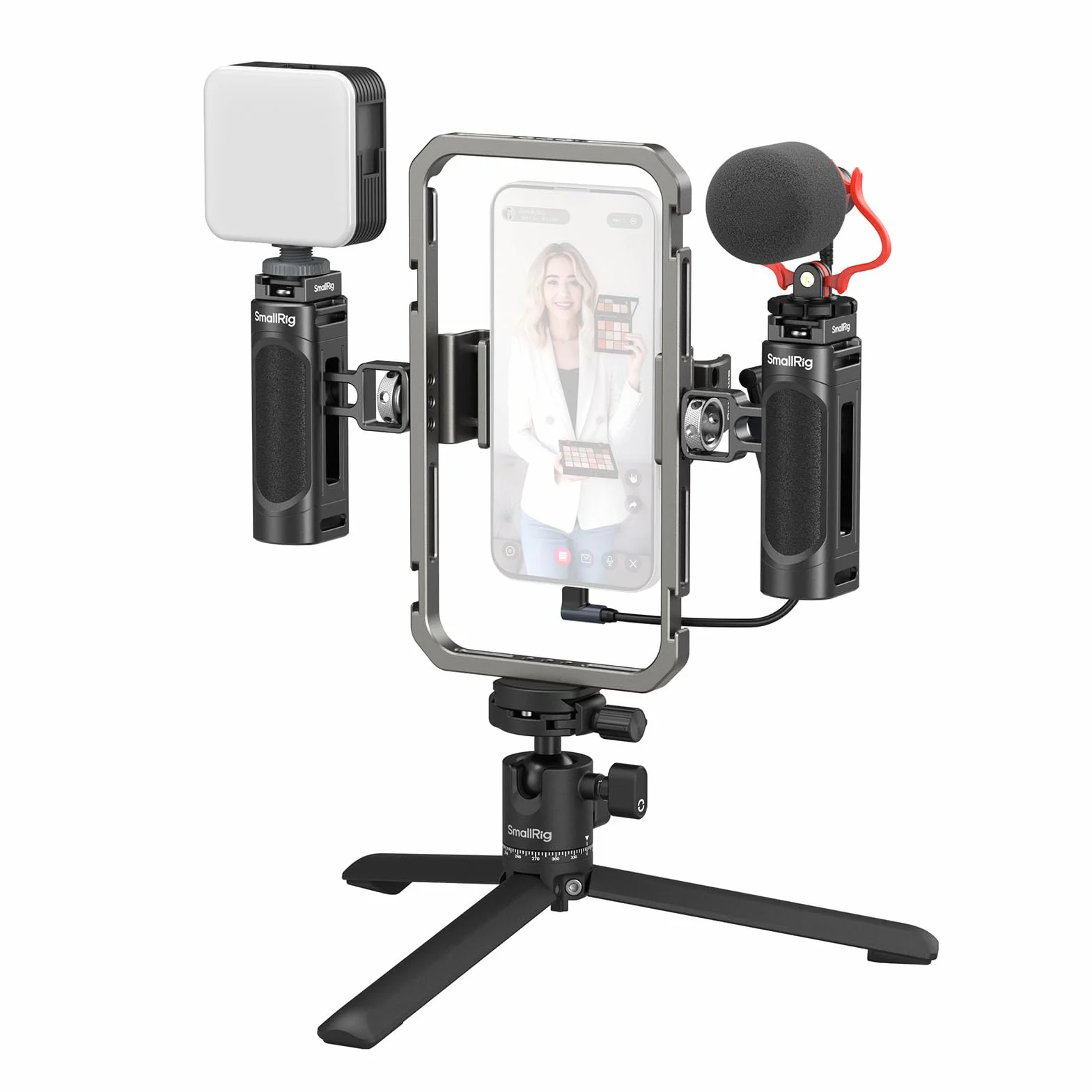 SMALLRIG Uniwersalny zestaw wideo do telefonu iPhone, smartfonów i aparatów, stabilizator telefonu ze statywem, mikrofonem, lampką LED, uchwytem bocznym i power bankiem - 3384C