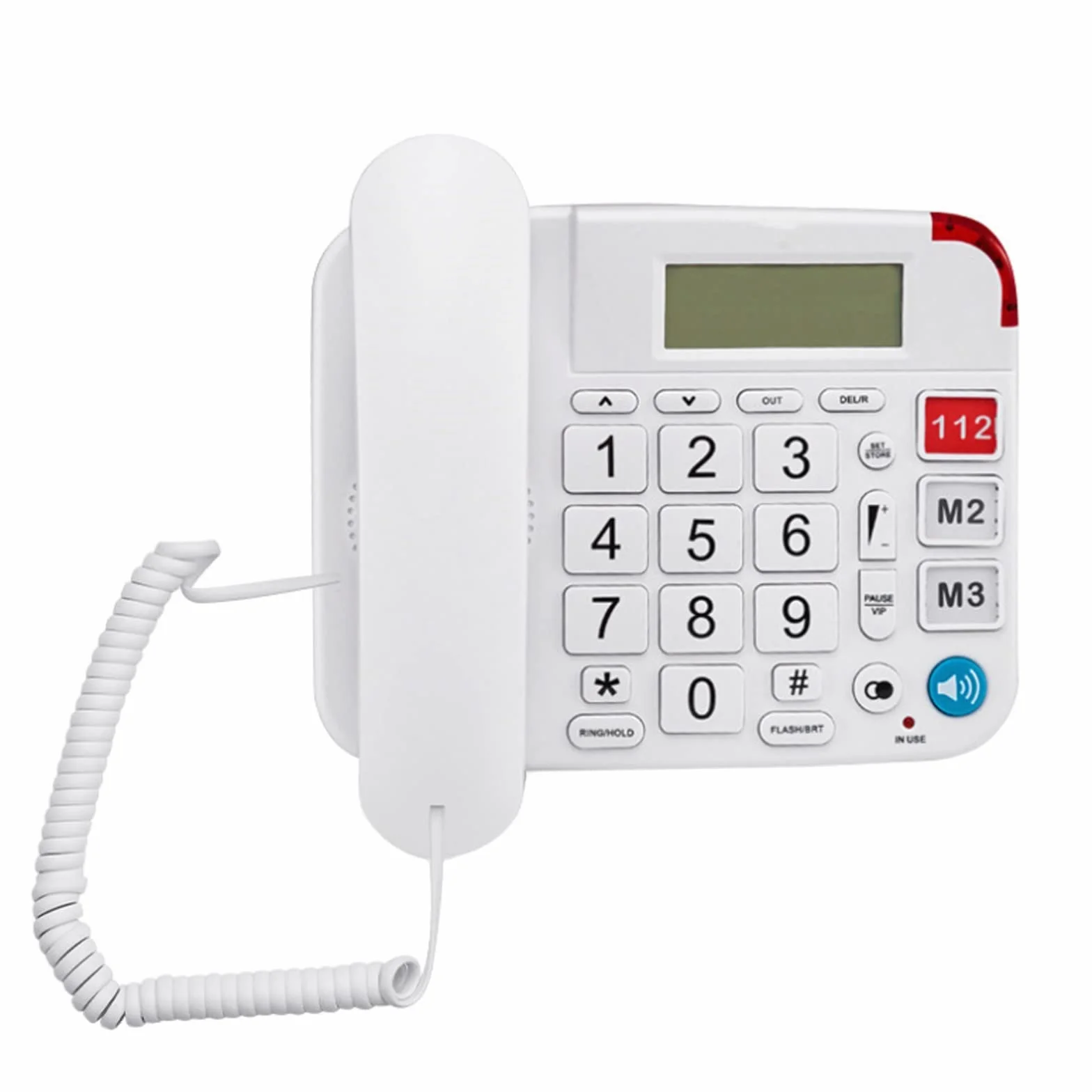 Telefon stacjonarny, czteropasmowy telefon stacjon Telefon z dużymi przyciskami dla seniorów, funkcja budzika, funkcja głośnomówiąca, czysty dźwięk, idealny dla seniorów, z wyświetlaczem identyfikator