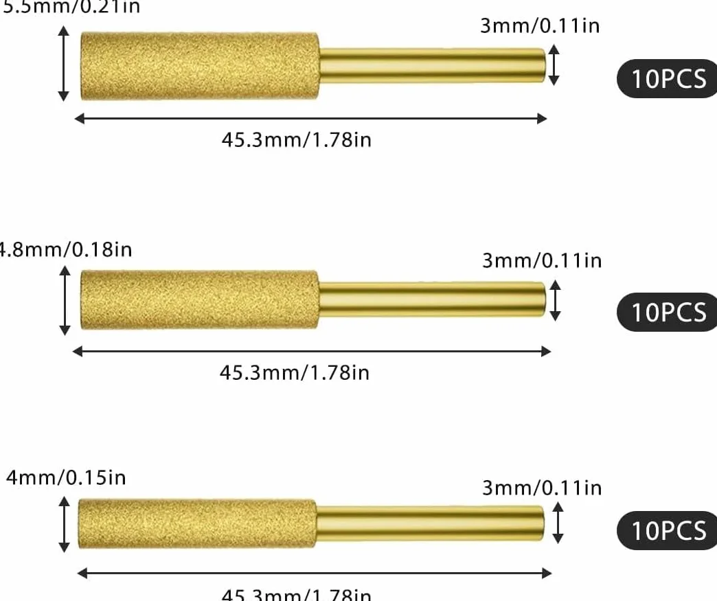 Alrens diamentowe ostrzałki do piły łańcuchowej 30 sztuk, kompatybilne z Dremel, 3 rozmiary 4 mm 4,8 mm 5,5 mm