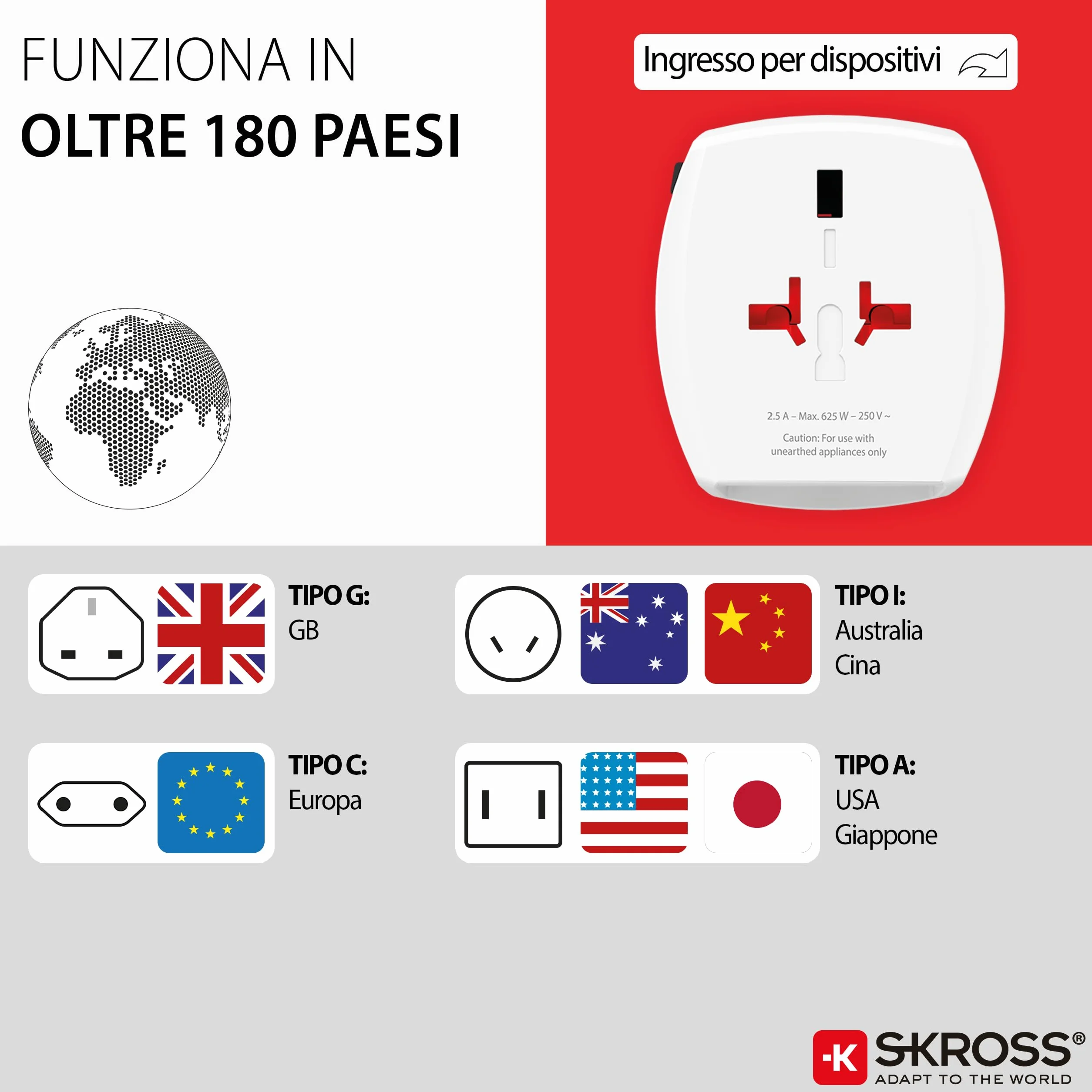 SKROSS | 1.302962 | MUV USB (AC) | Universele 2-pins reisadapter met 2 USB. Spanning en vermogen: 100V - 250W / 250V - 625W - 1 x USB C: 3,0A, 1 x USB A: 2,4A. Bescherming tegen elektrische schokken