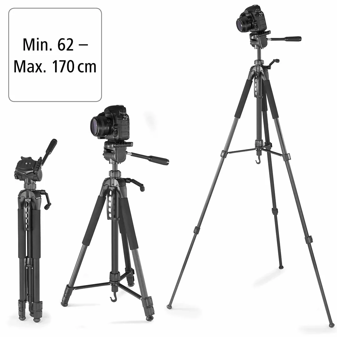Hama Action 170 Statyw do aparatu 3D o wysokości 62-170 cm, statyw fotograficzny z uchwytem na telefon komórkowy i uchwytem na tablet, statyw z głowicą 3-kierunkową, statyw do lustrzanki z torbą