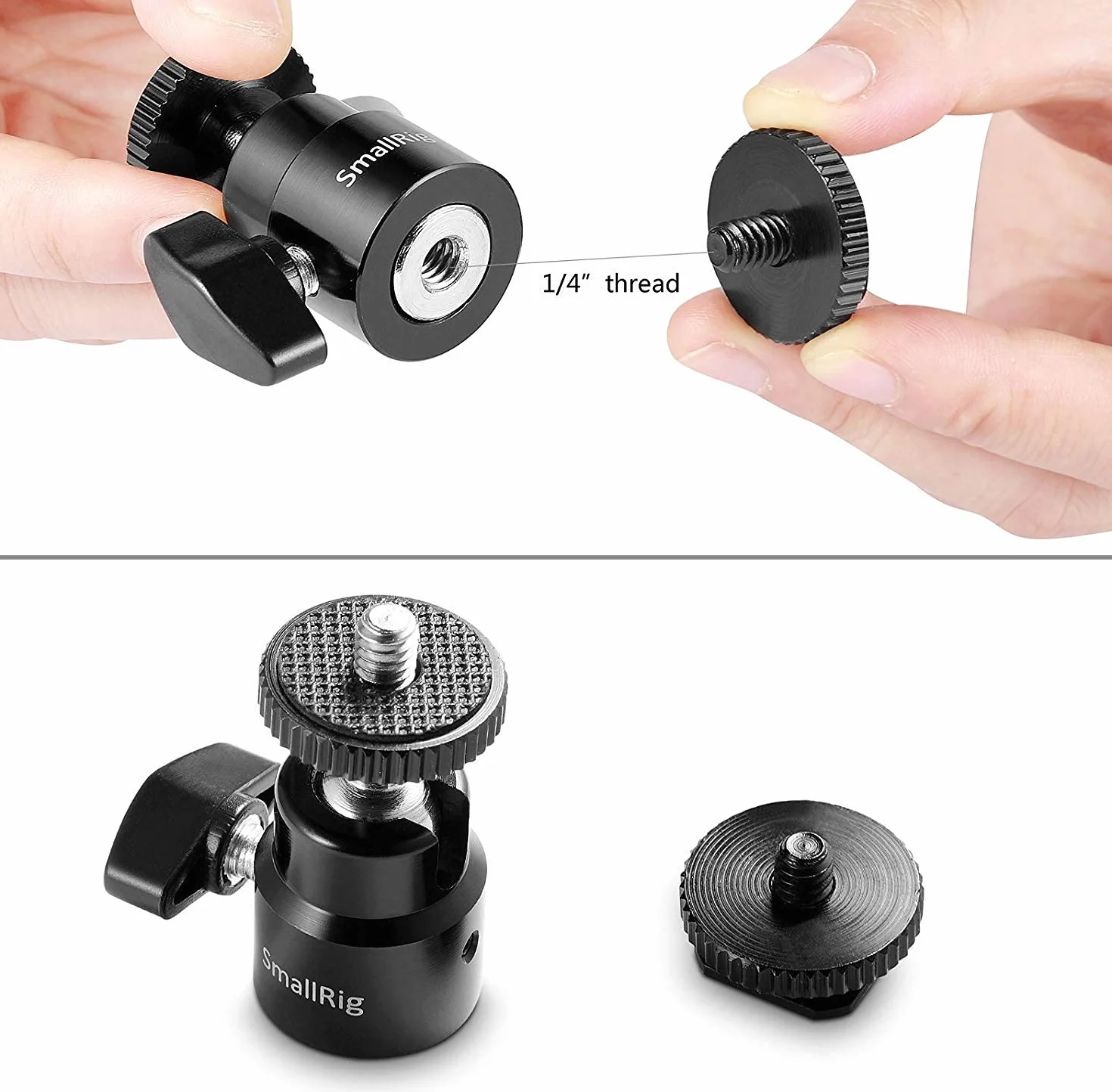 SMALLRIG Głowica kulowa Mini statyw z adapterem gorącej stopki 1/4, obrotowa głowica kulowa 360 ° z adapterem gorącej stopki do monitora LCD, mikrofonu, światła LED - 761