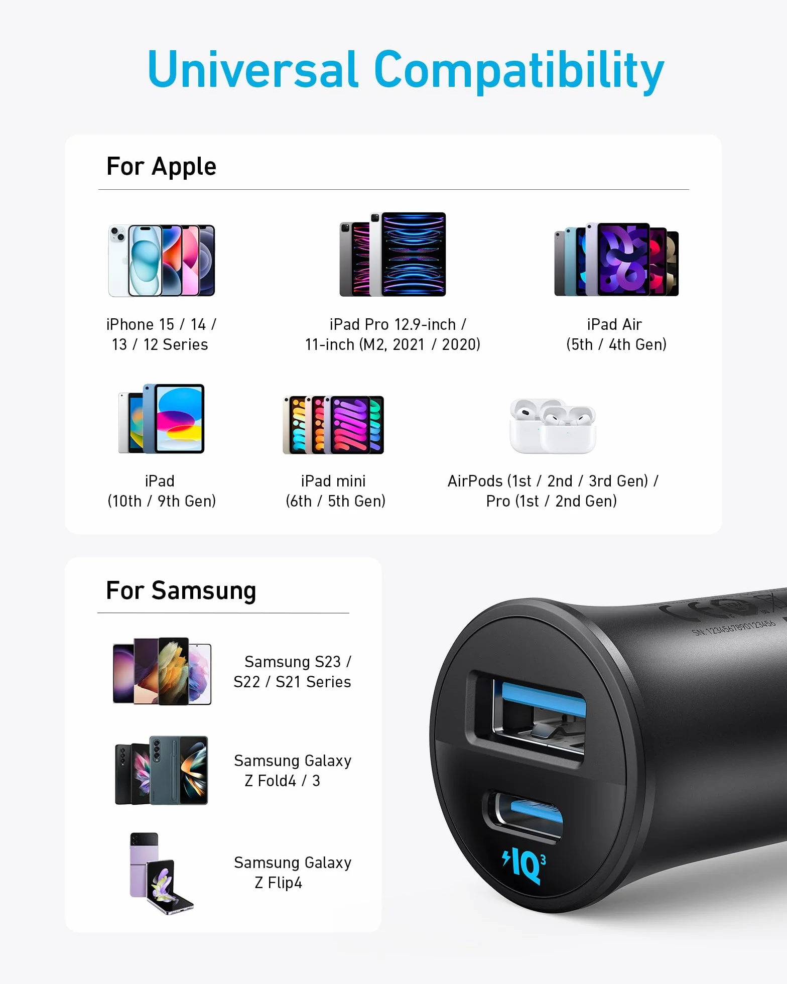 Ładowarka samochodowa Anker USB-C, 30 W, 2-portowa ładowarka samochodowa typu C, ładowarka samochodowa do iPhone'a z technologią Power IQ 3.0, do iPhone'a serii 17/16/15/14/13, Samsung Galaxy
