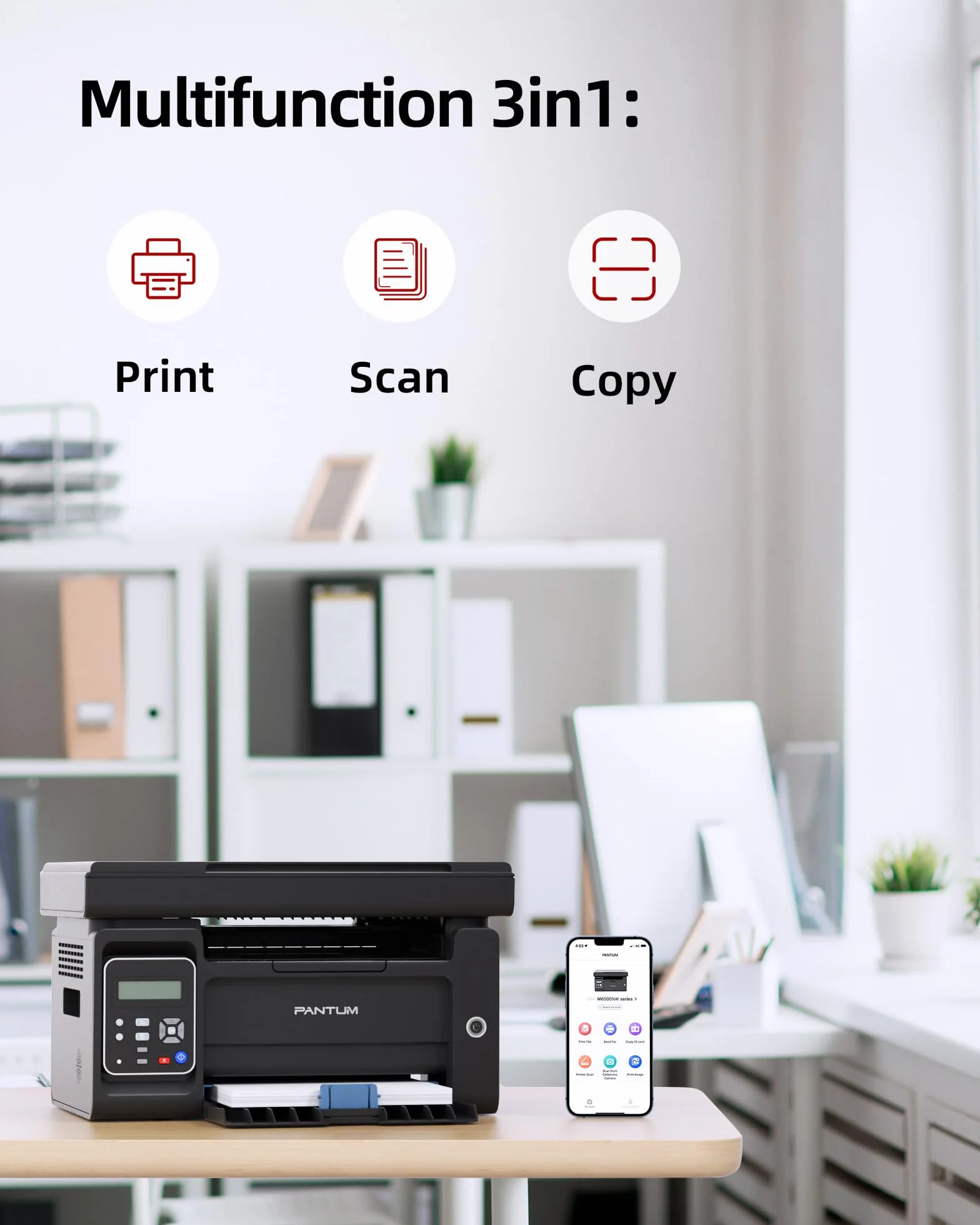 Wielofunkcyjna drukarka laserowa PANTUM M6500NW WiFi，Drukarka laserowa mono, Ethernet/bezprzewodowa/USB 2.0, Drukarka/Kopiarka/Skaner Ręczny dupleks czarno-biały dla małego biura domowego，22 str./min