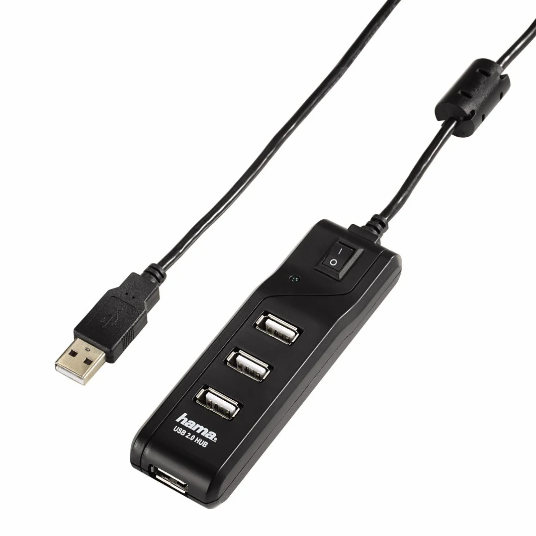 Hama 4-Port USB 2.0 Hub z włącznikiem/wyłącznikiem (kompatybilny również z Windows 10), czarny/srebrny