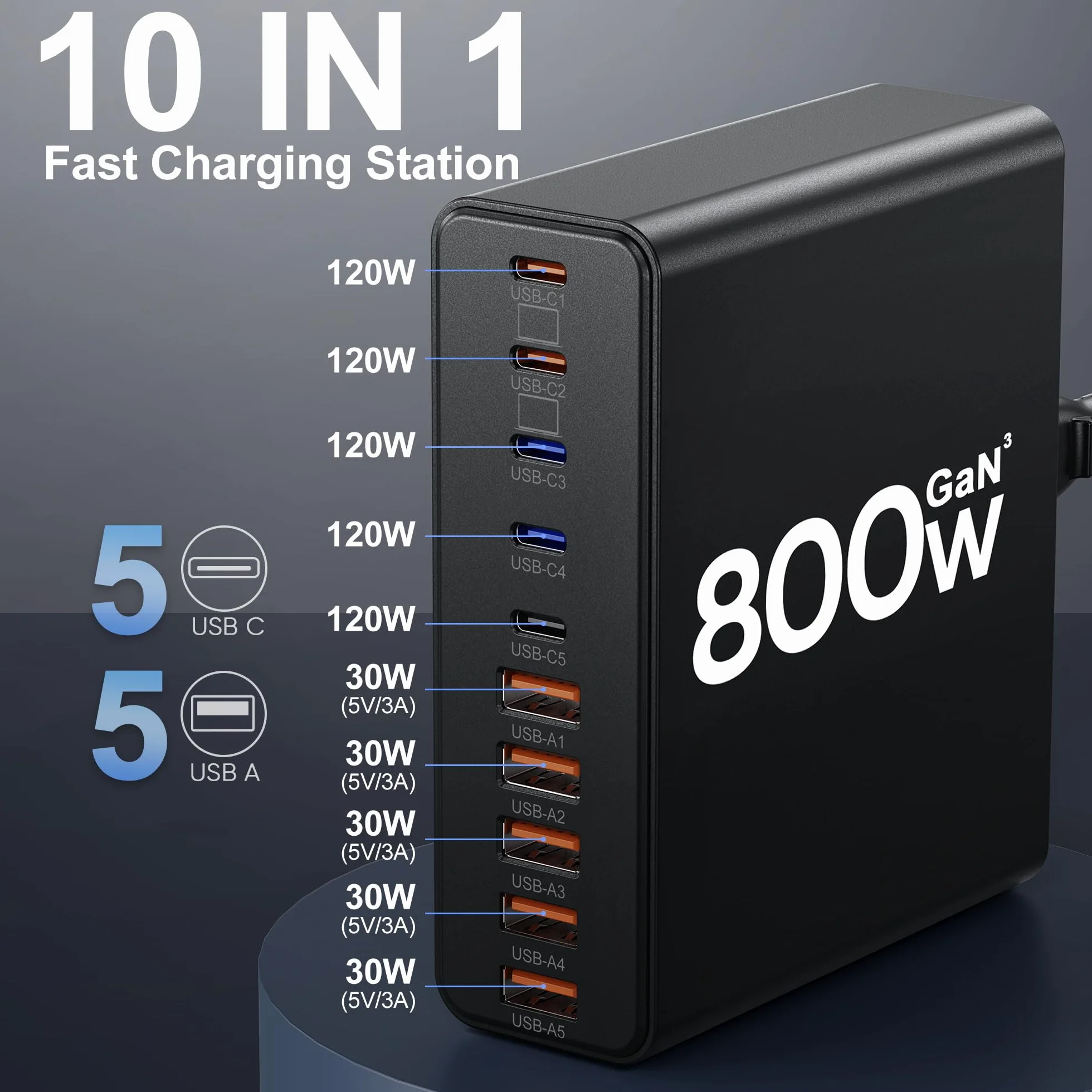 Blok ładujący USB C 800 W, 10-portowa stacja ładująca GaN typu C, adapter ładowarki ściennej USB A do MacBooka Pro/Air, iPhone, iPad, Dell XPS, Samsung Galaxy (czarny błyszczący)