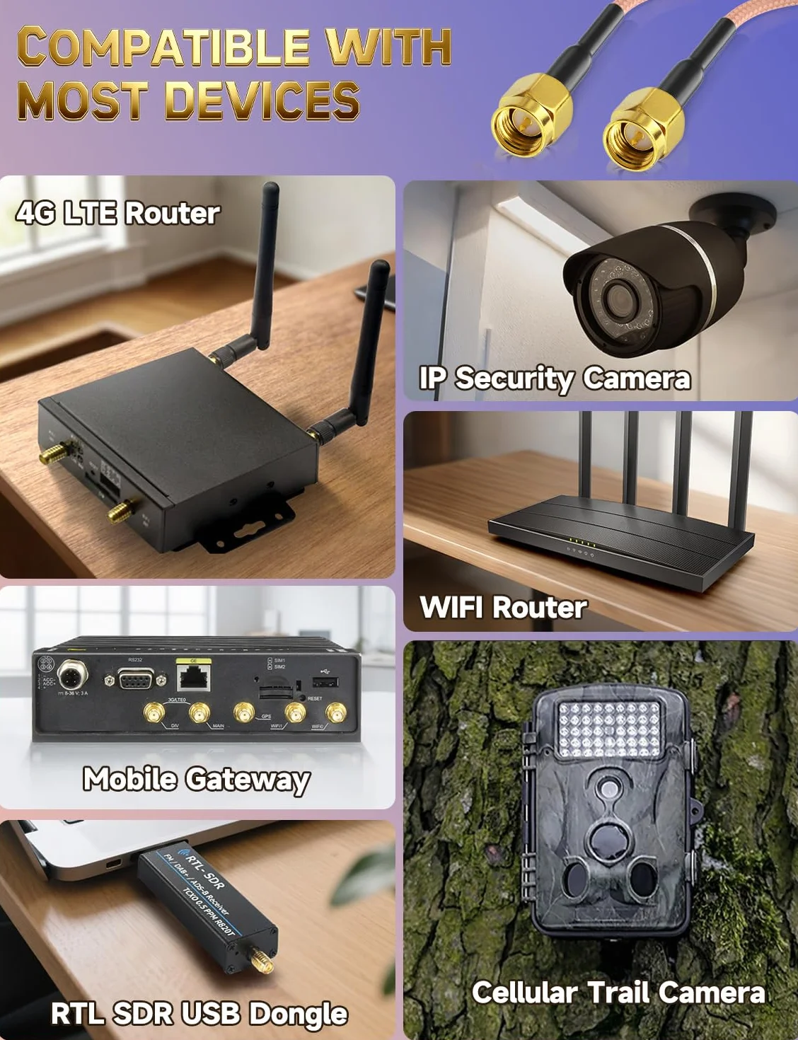 Superbat Kabel SMA 1 m 2 sztuki – przedłużacz anteny Wi-Fi, 50 omów, podwójne ekranowanie, kabel antenowy, wtyczka SMA na wtyczkę do routera 4G LTE WiFi, bramka, telefon komórkowy, SDR, odbiornik