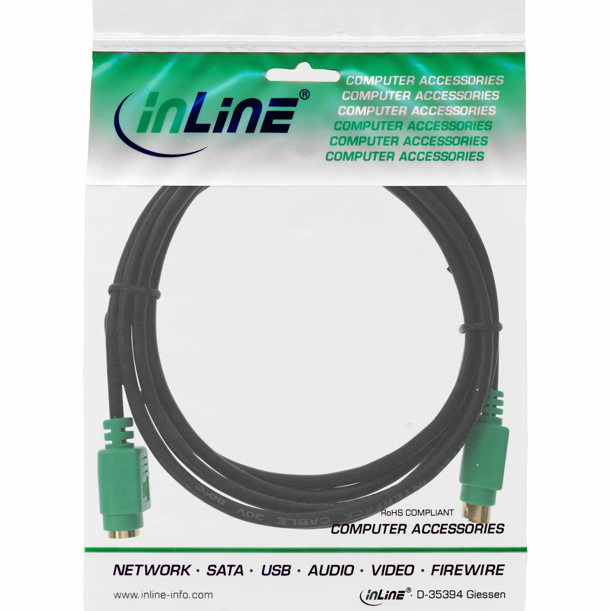 InLine 13342H PS/2 przedłużka, wtyczka/gniazdo, 2 m PC99, zielona wtyczka, Premium