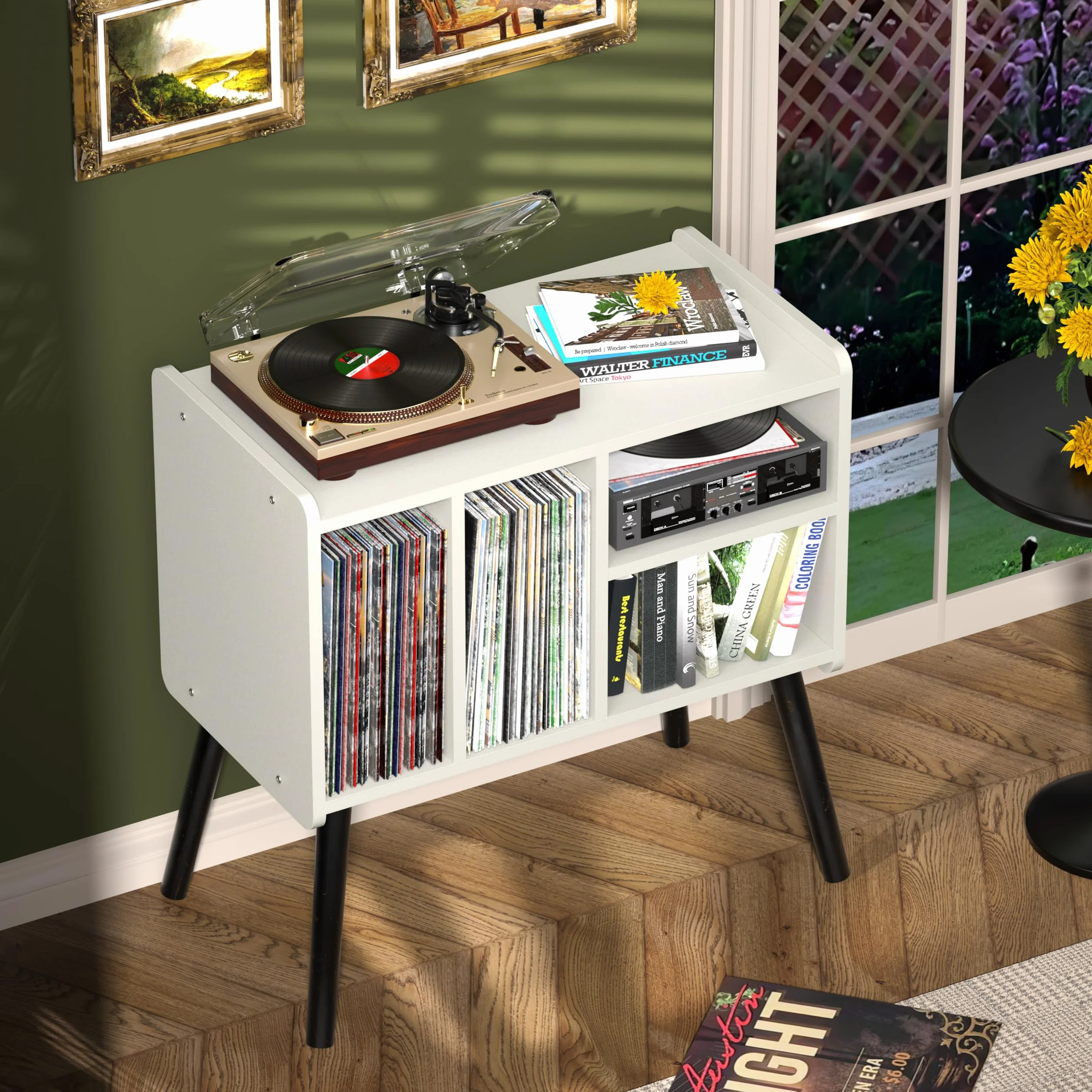 Stół do gramofonu, stojak na gramofon z połowy wieku z winylowym miejscem do przechowywania do ponad 150 albumów, szafka z płytami winylowymi z regulowanymi półkami, biały