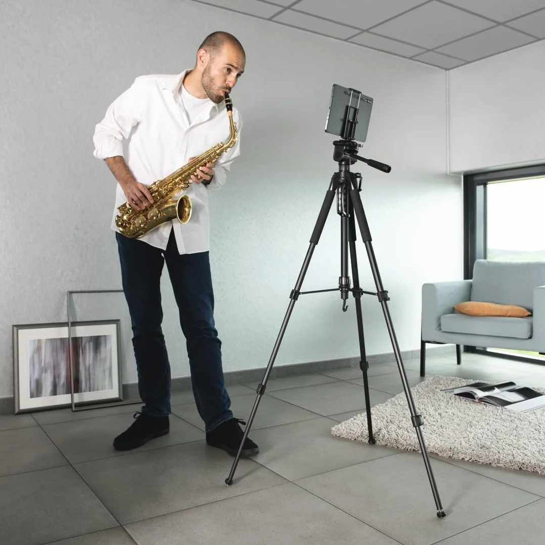 Hama Action 170 Statyw do aparatu 3D o wysokości 62-170 cm, statyw fotograficzny z uchwytem na telefon komórkowy i uchwytem na tablet, statyw z głowicą 3-kierunkową, statyw do lustrzanki z torbą