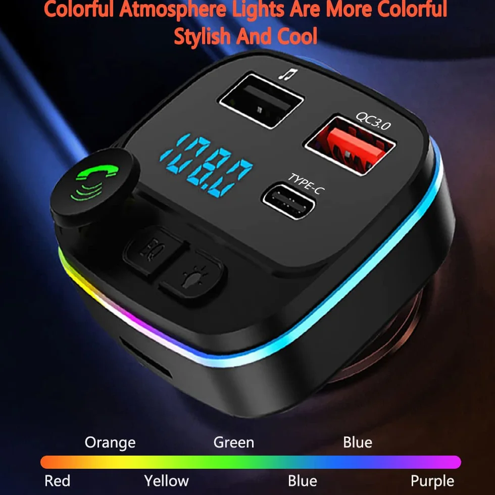 Nadajnik FM, adapter samochodowy Bluetooth, odtwarzacz muzyczny MP3,2 porty USB 5V/3A, szybka ładowarka samochodowa PD 20 W QC3.0 + typ C, połączenie głośnomówiące, obsługa karty TF/USB