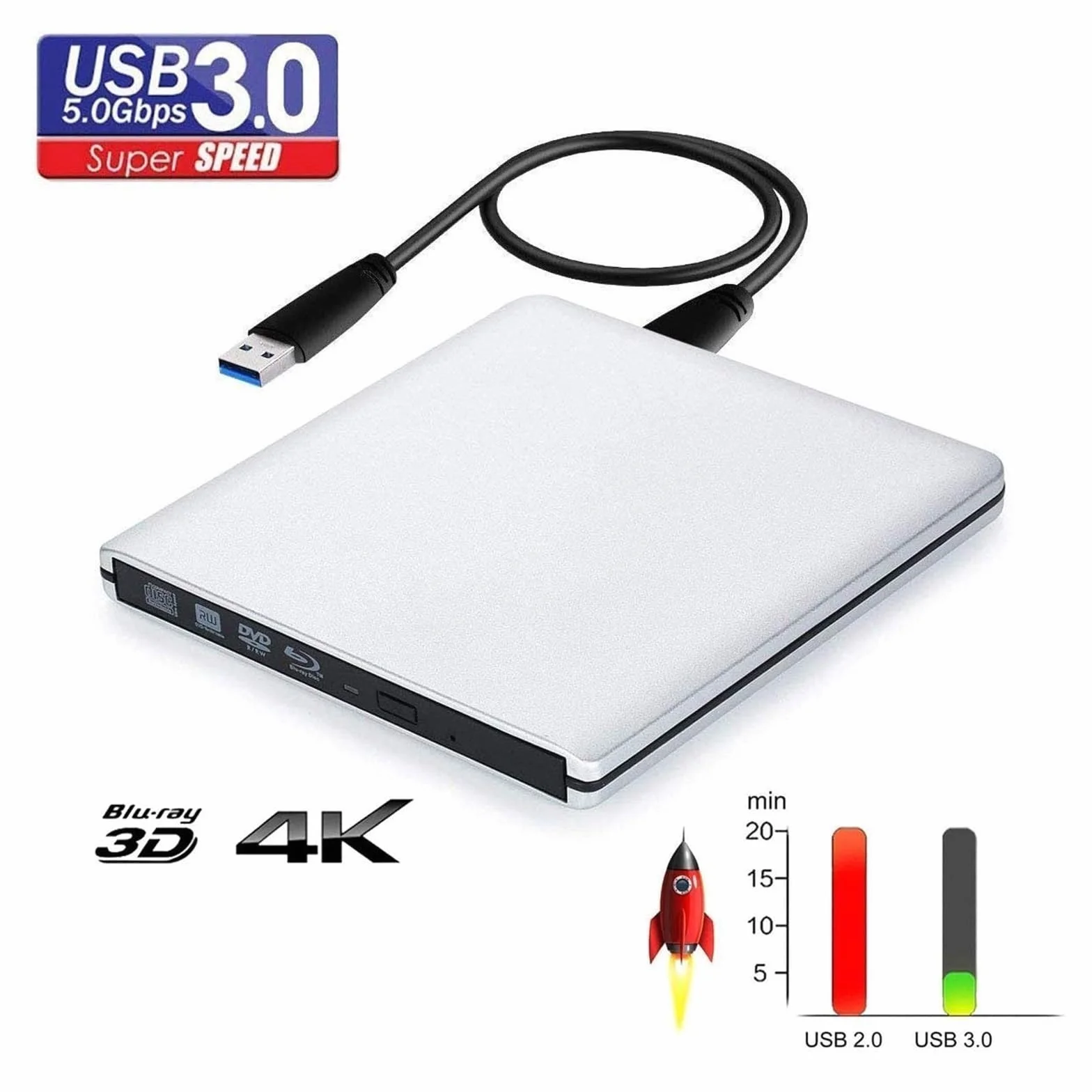Ultracienki Zewnętrzny Napęd Optyczny Z Nagrywarką Blu-Ray 4K, USB 3.0, Odtwarzaniem DVD, CD/DVD R/W 3D Wyczyść Proces Odtwarzania