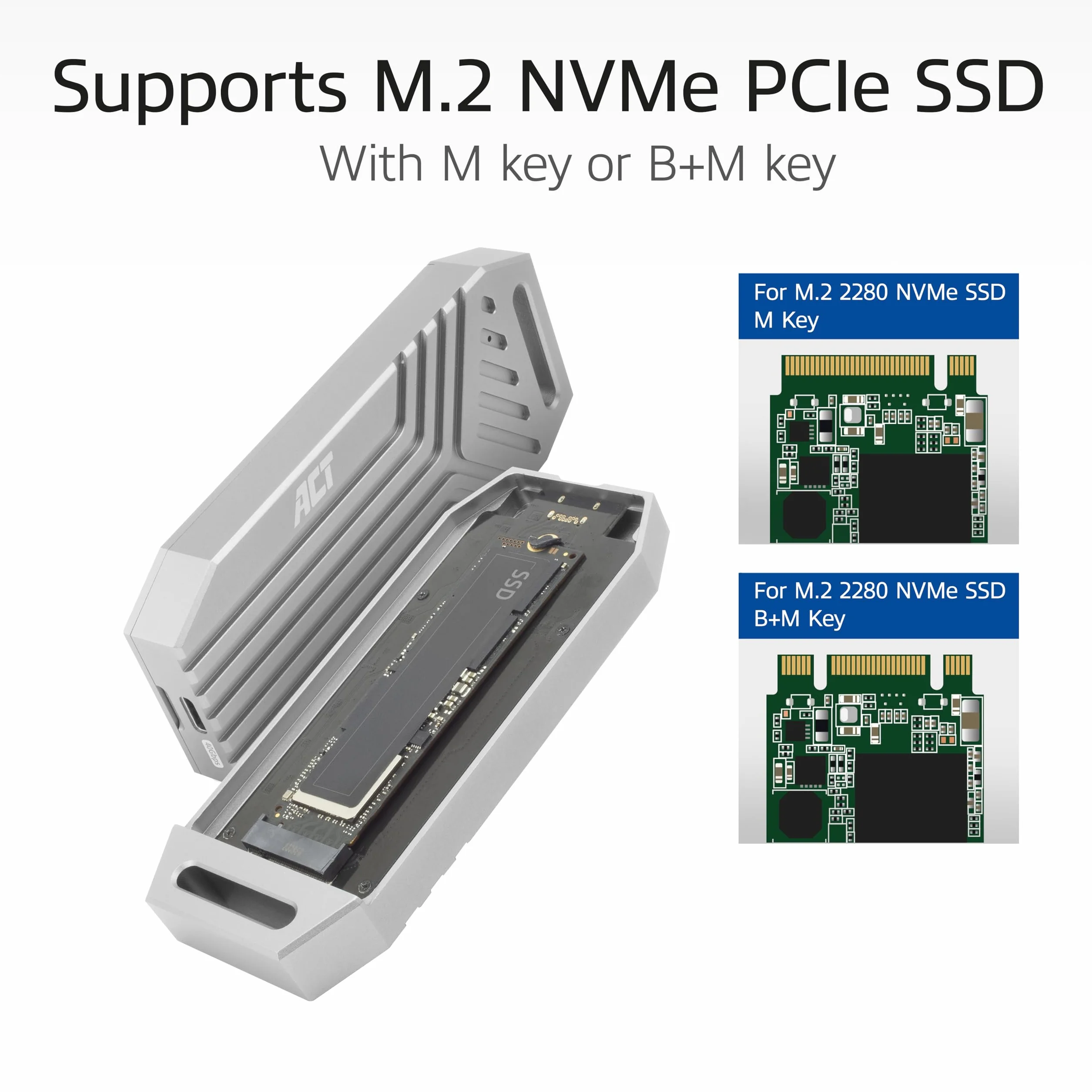 ACT Obudowa USB4 M.2 NVMe SSD, M.2 2280 NVMe/PCIe z M-Key lub B+M-Key, 40 Gb/s, beznarzędziowa, aluminiowy radiator, typ C - AC1625
