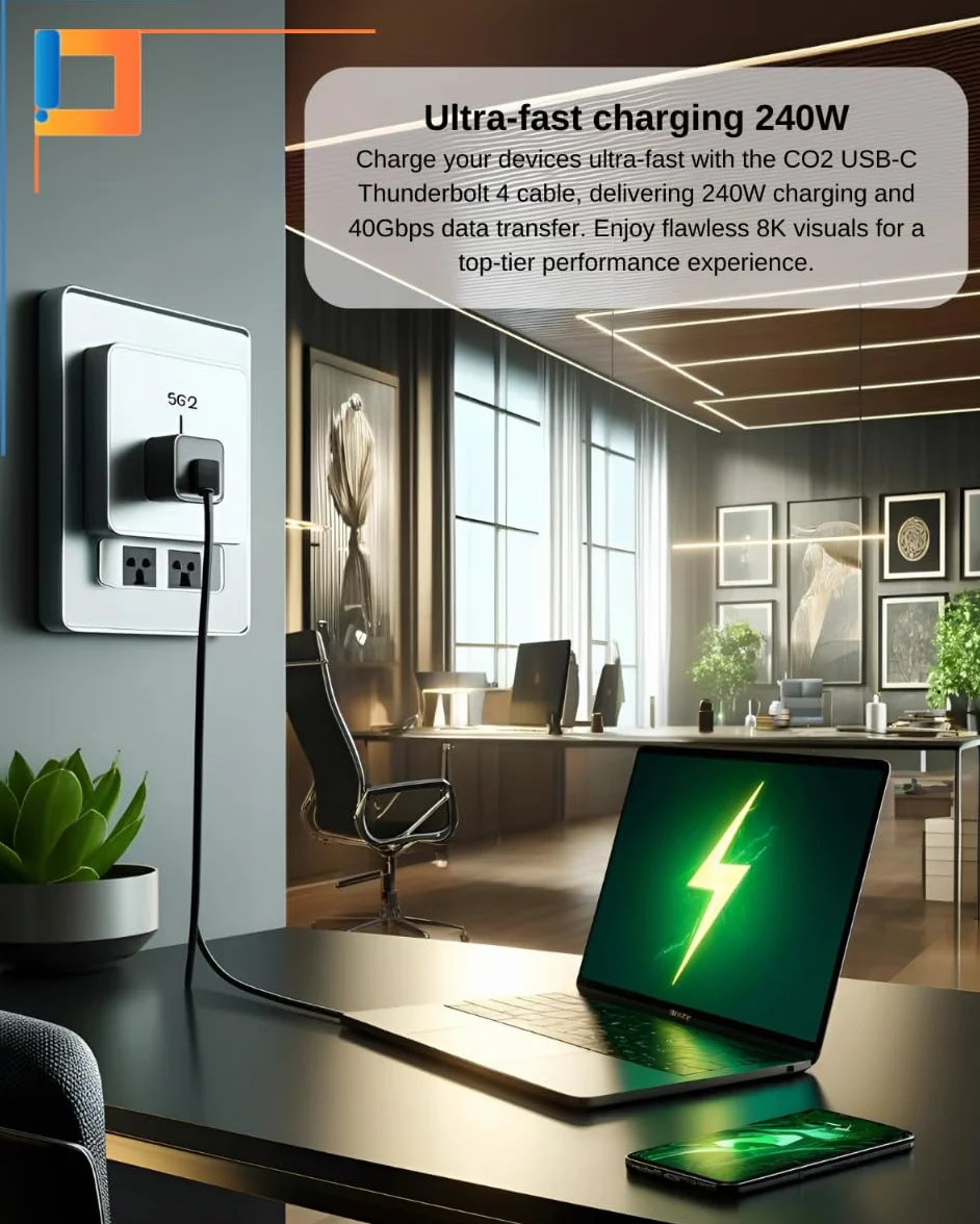 CO2 Kabel USB-C Thunderbolt 4.0, Ultra szybka transmisja danych 40 Gb/s, Obsługuje 8K/60 Hz, Szybkie Ładowanie 240W, Aluminium Space Grey, Kompatybilny z iPhone, MacBook, iPad Pro, USB typ C (1,2m)