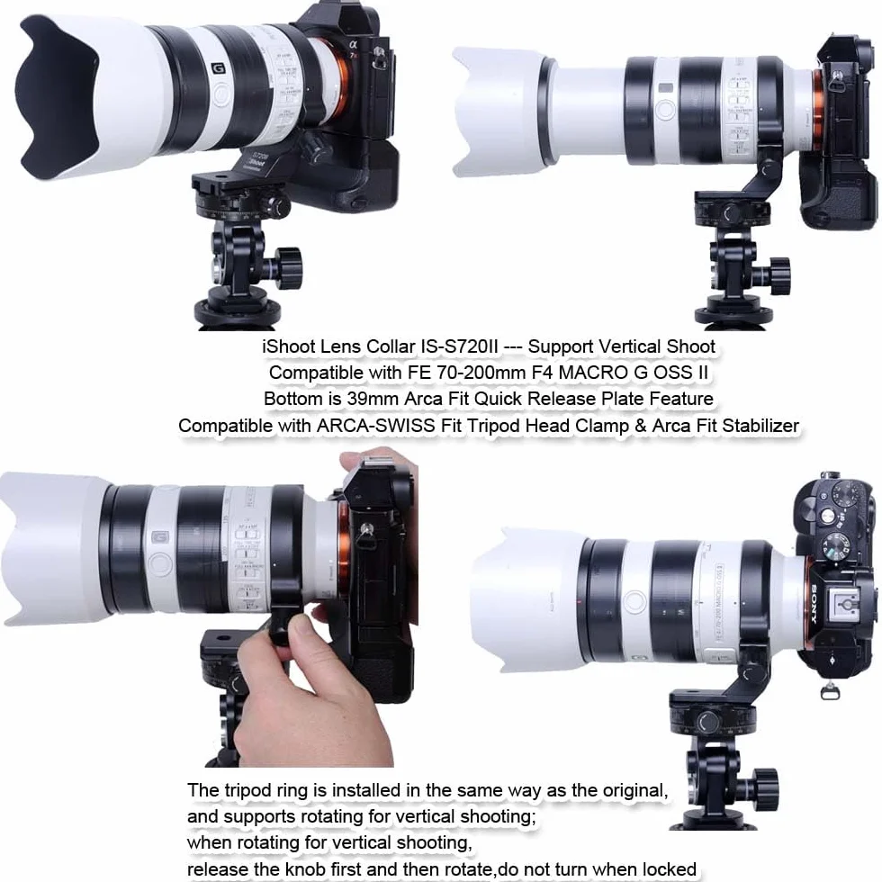 iShoot Pierścień do montażu na statywie kołnierz obiektywu kompatybilny z Sony FE 70-200 mm F/4 Macro G OSS II, wspornik uchwytu obiektywu dolny Arca-Swiss Fit Quick Release Plate do głowicy