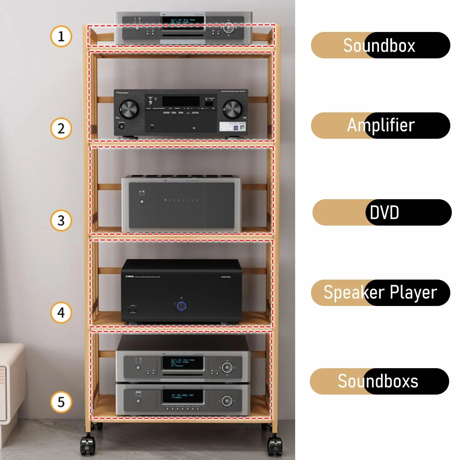 4-poziomowy stojak HiFi Ste na kółkach, stojak na odtwarzacze DVD, konsole do gier, telewizory i routery WiFi, półka na AV Equint i kino domowe