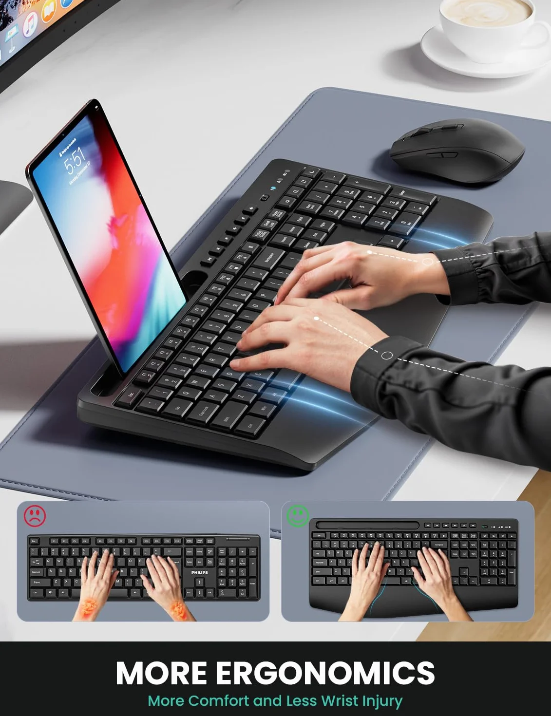 LIZRROT Ergonomiczna bezprzewodowa klawiatura i mysz 2,4 GHz, cichy, podpórka pod nadgarstek, uchwyt na telefon, kompatybilny z Windows, PC, laptopami