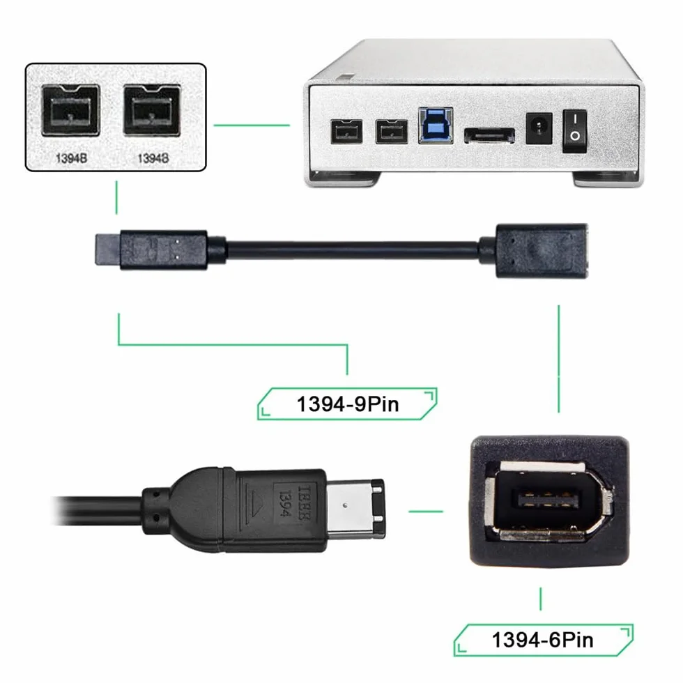 IEEE 1394 6-pinowy żeński do 1394b 9Pin męski Firewire 400 do 800 kabel 20 cm