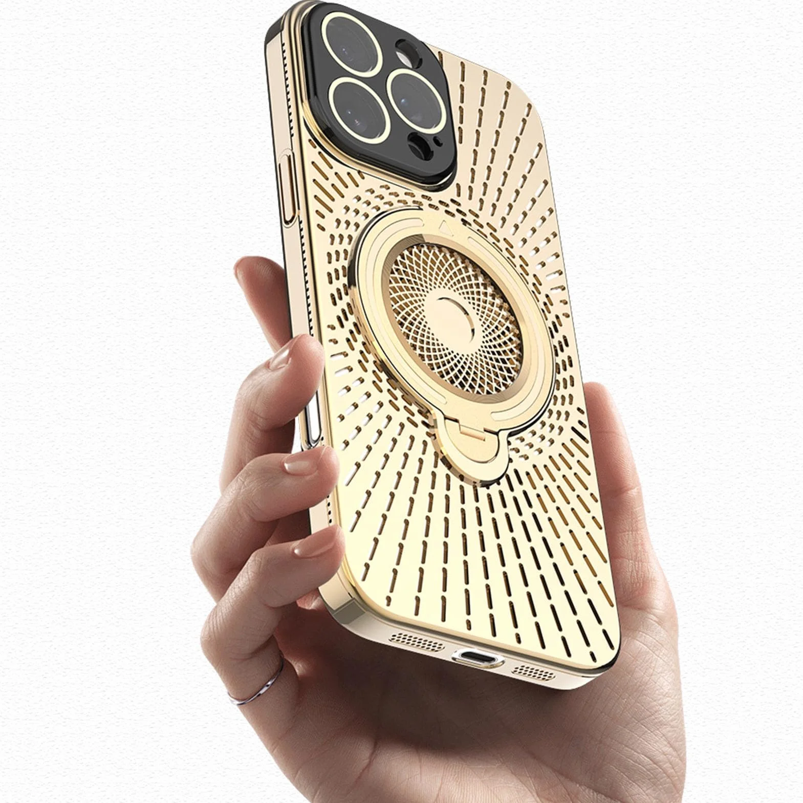 Magnetyczne etui z przyssawką do iPhone'a 16/16 Plus/16 Pro / 16 Pro Max, rozpraszanie ciepła, wentylowane, wydrążone etui na tył telefonu, obrotowy składany pierścień, 16pro max, srebrny
