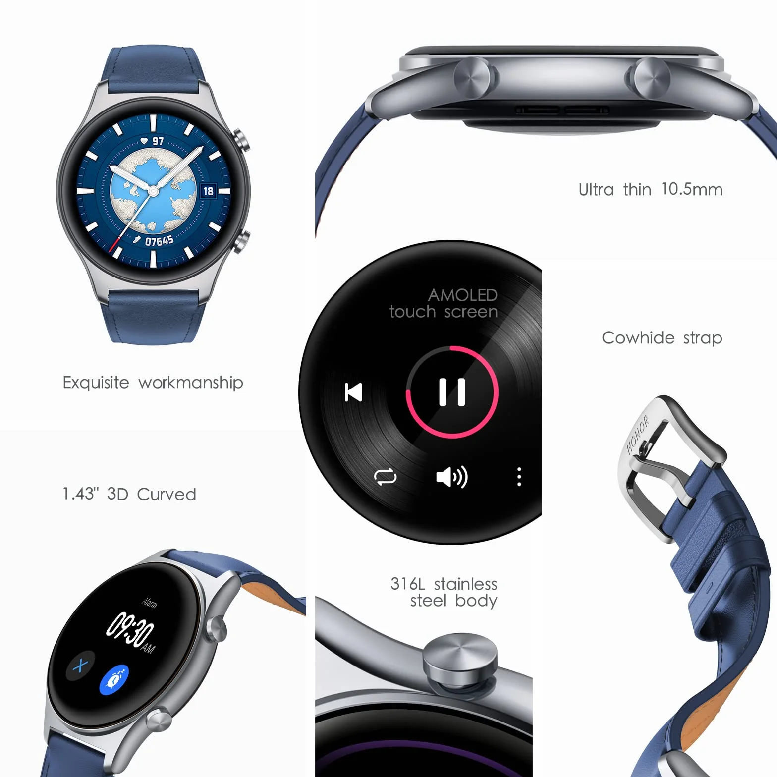 HONOR Watch GS3 Inteligentny zegarek, 1,43-calowy kolorowy ekran AMOLED, połączenie Bluetooth, monitorowanie tętna AI, GPS, 100 trybów treningu dla Androida IOS, niebieski