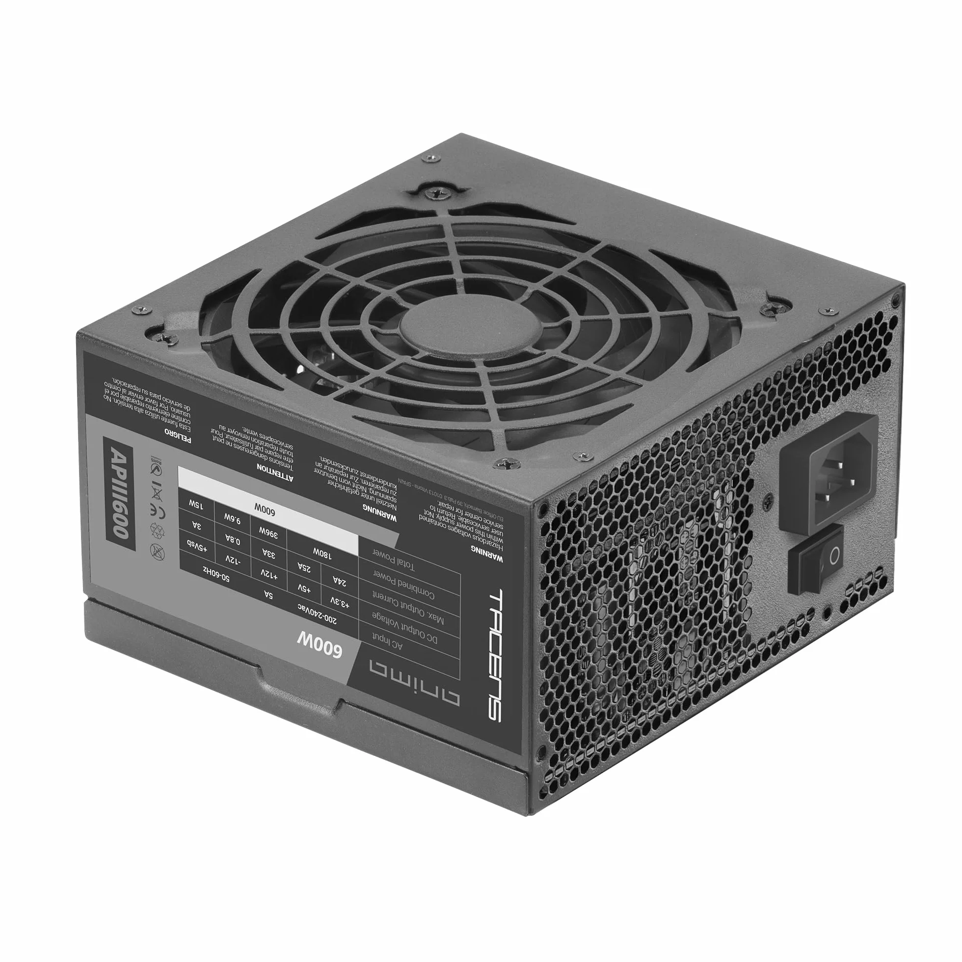 Tacens Anima APIII600, Zasilacz PC ATX 600W, Technologia SMD 85% Bronze 12V, Ultraciche Wentylator 120mm, Kable Premium Teksturowane, Czarny
