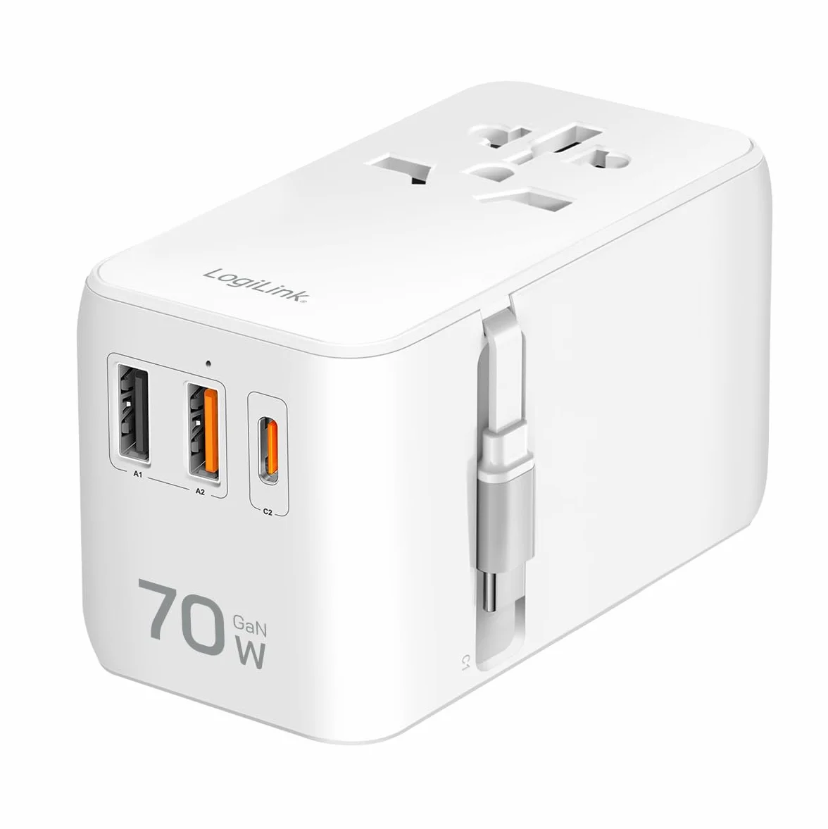 LogiLink PA0357 - uniwersalny zasilacz podróżny z 10 rodzajami wtyczek do >200 krajów, 70 W i PD (PowerDelivery) i QuickCharge, 3 x porty USB, ognioodporny