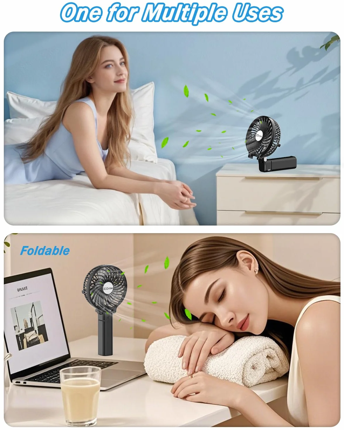 iEGrow USB Ventilator Leise Mini Handventilator Ventilatoren Lüfter mit Batterie Farbe (Schwarz)