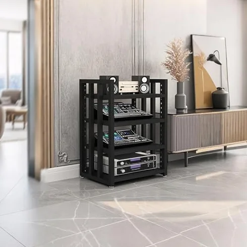 4-Poziomowa Metalowa Półka Na Sprzęt Audio, Regulowana Szafka Z Płyty Mdf, Organizer Na Sprzęt Audio Do Salonu, Do Gier, Studia Nagrań – Wykończenie Z Białego Drewna, Czarny Tek, 4-Poziomowa