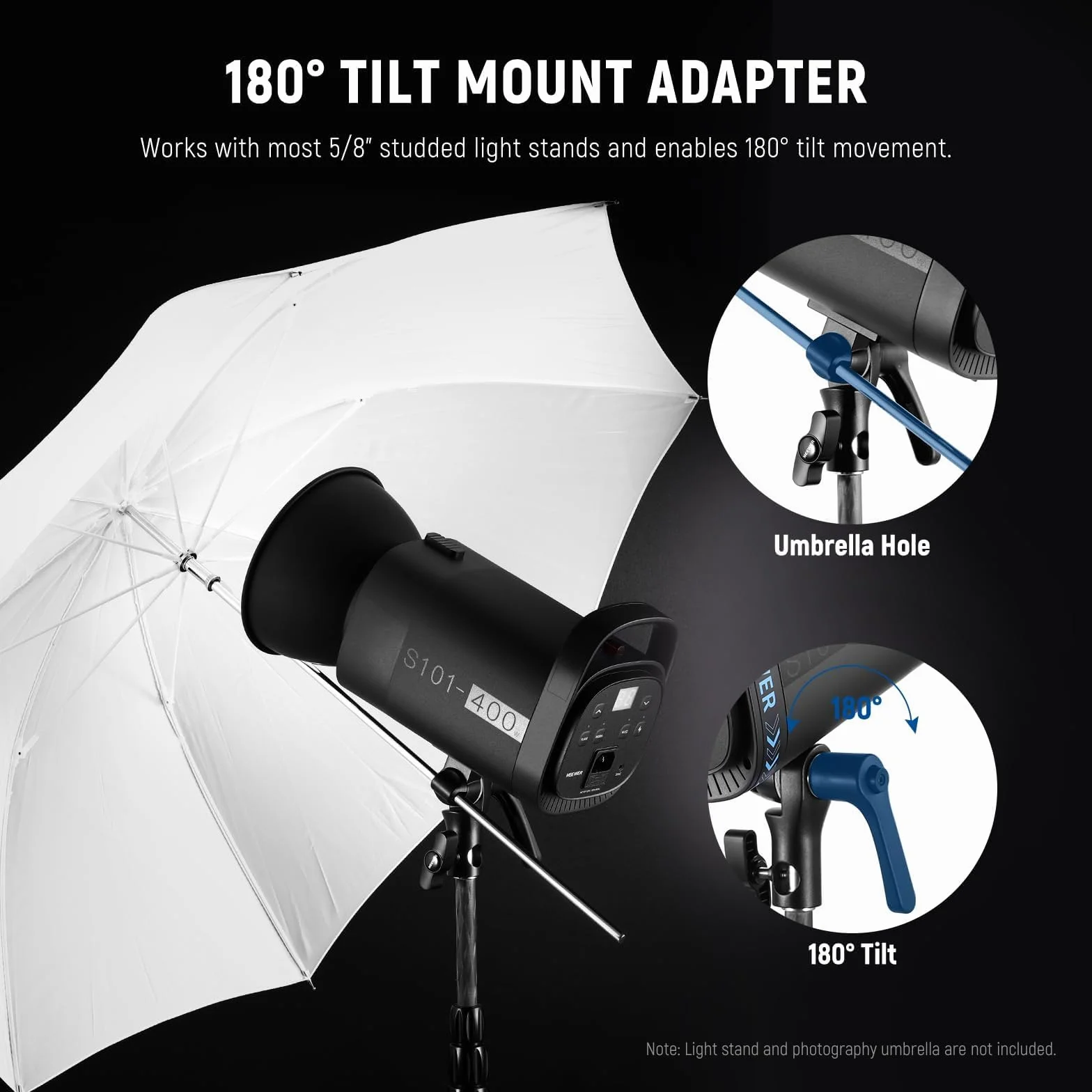 NEEWER Stroboskopowa lampa błyskowa S101-400 W z 9 poziomami, lampa do modelowania 150 W, 400 W GN65 5600K ze standardowym reflektorem Bowens, cichy wentylator w trybie S1/S2 do studia fotograficznego