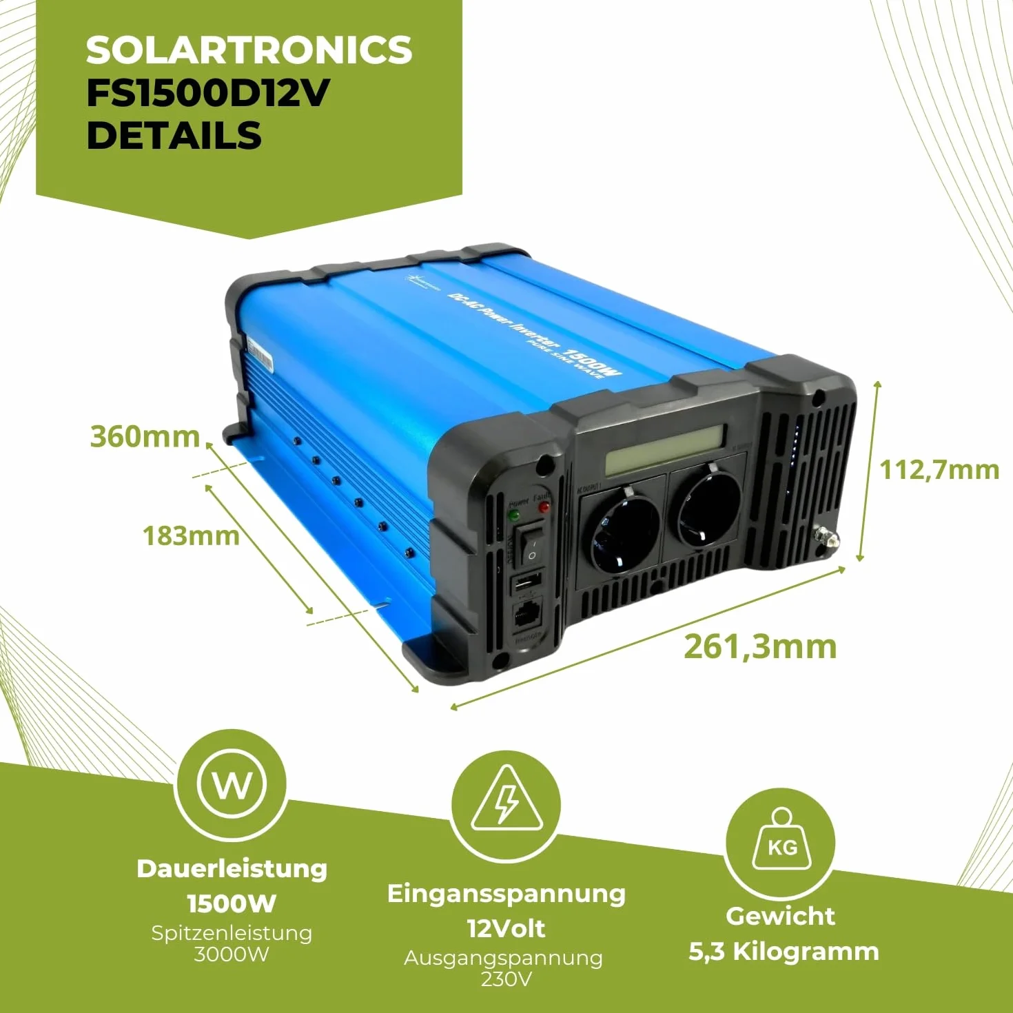 Solartronics Przetwornica napięcia FS1500D 12V 1500/3000 W, czysty sinus niebieski z wyświetlaczem