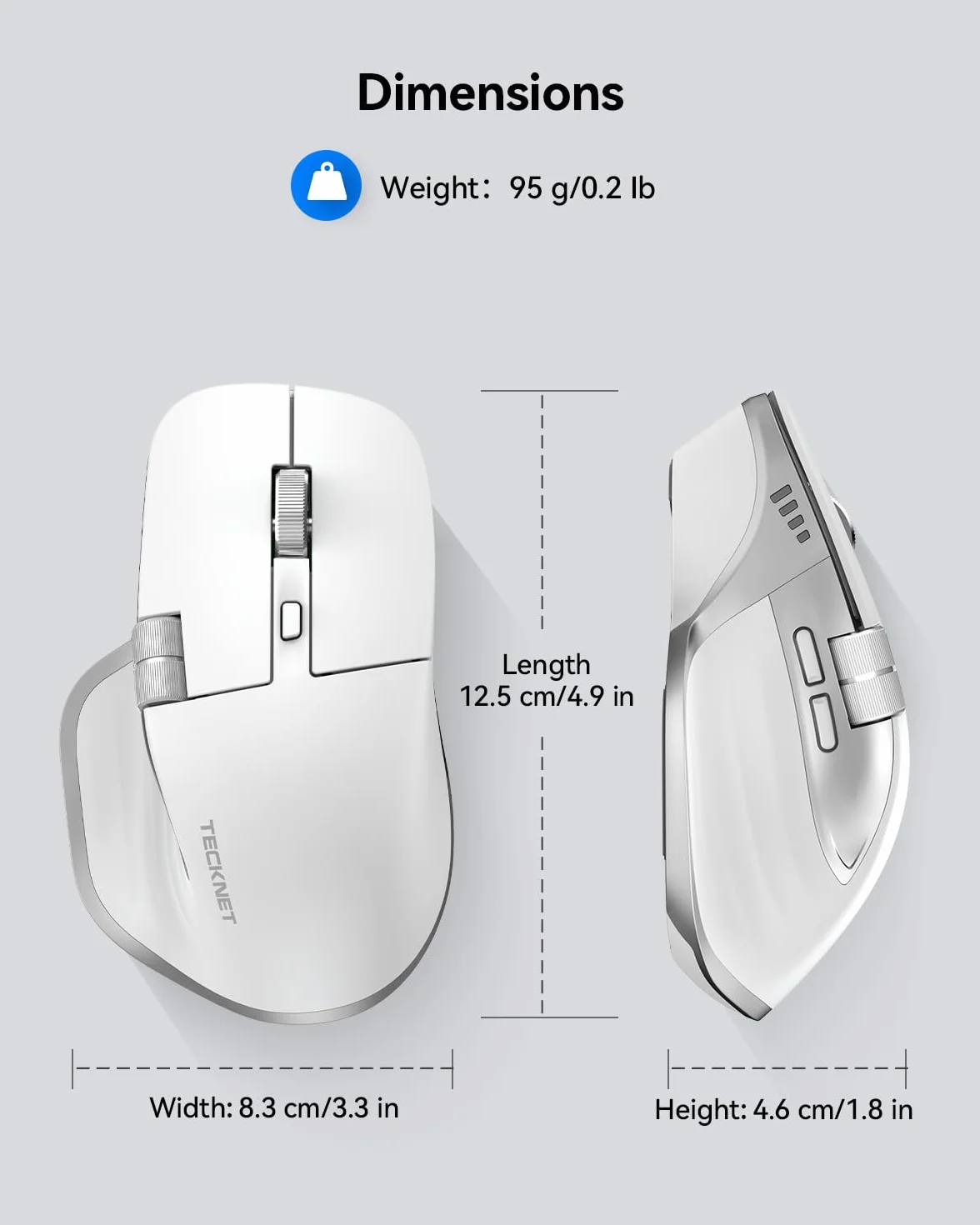 TECKNET Bezprzewodowa Mysz Bluetooth (BT 5.3/5.0+2,4G), Boczne Kółko Przewijania, Ładowalna Mysz Ergonomiczna, Ciche Klikanie, 4800 DPI, 7 Przycisków, dla Mac OS, Windows, Biały | 3 tryby (BT 5.3/5.0+2.4G), cichy, 6 regulowanych poziomów DPI, kompatybilny