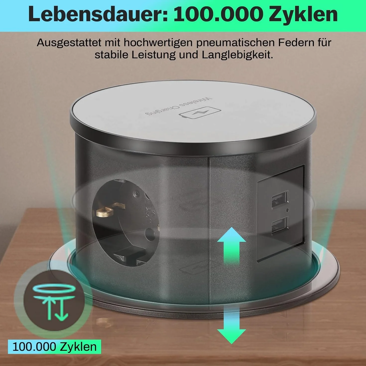 Bezprzewodowa ładowarka 15 W, 3 gniazda, maks. 3680 W/16 A, 2 gniazda USB-A, automatyczne opuszczane gniazdko stołowe, aluminiowe gniazdko stołowe z kablem 1,8 m, gniazdo do zabudowy, do blatu, biura,
