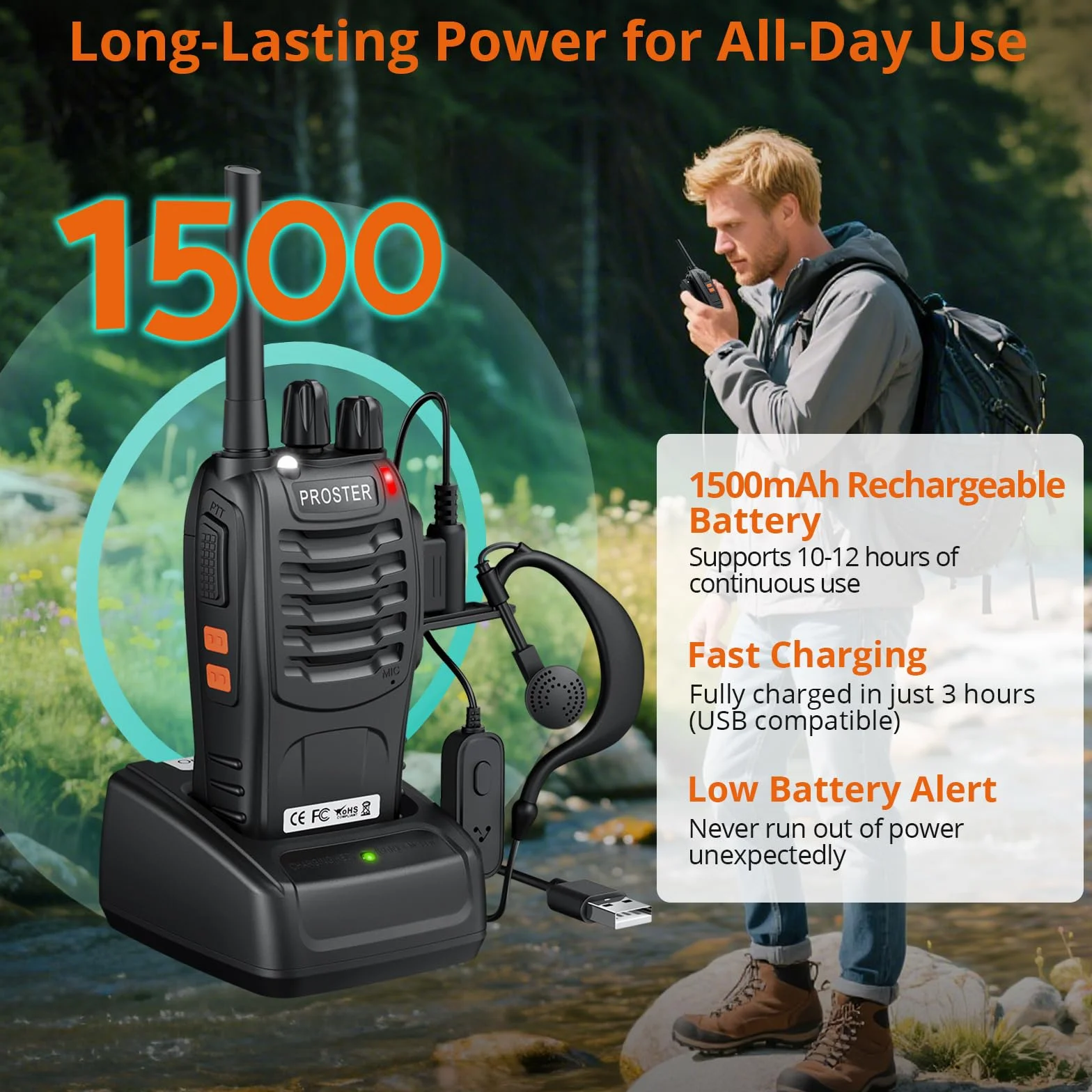 Proster Walkie Talkie 16-kanałowe radiotelefony PMR z komunikatem głosowym Akumulator z ładowarką USB i słuchawkami - czarny (2 pary)
