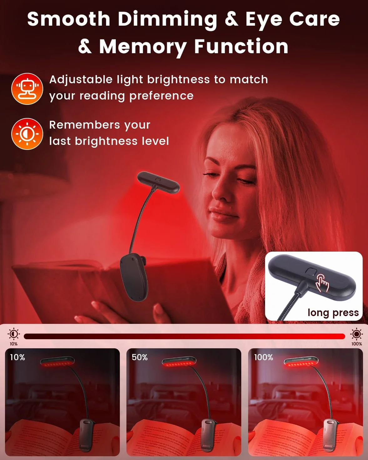 Czerwona Światło do Czytania 670nm z Zaciskiem, Regulowana USB-Ładowana Lampka Nocna dla Snu i Ochrony Wzroku, Przenośna Książkowa z Pamięcią Jasności [Klasa Energetyczna F]