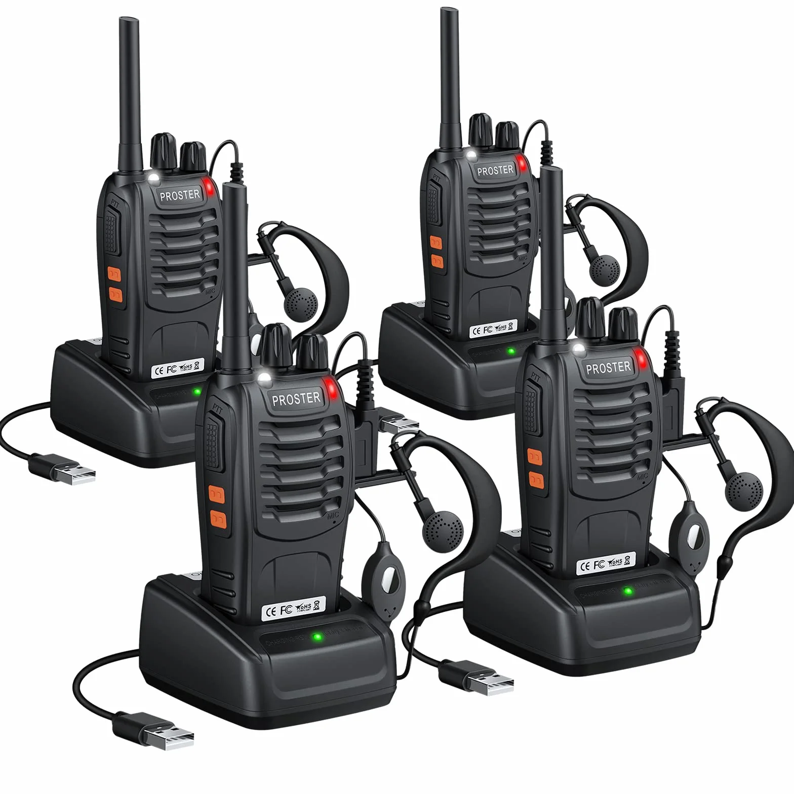 Proster Walkie Talkie 16-kanałowe radiotelefony PMR z komunikatem głosowym Akumulator z ładowarką USB i słuchawkami - czarny (2 pary)