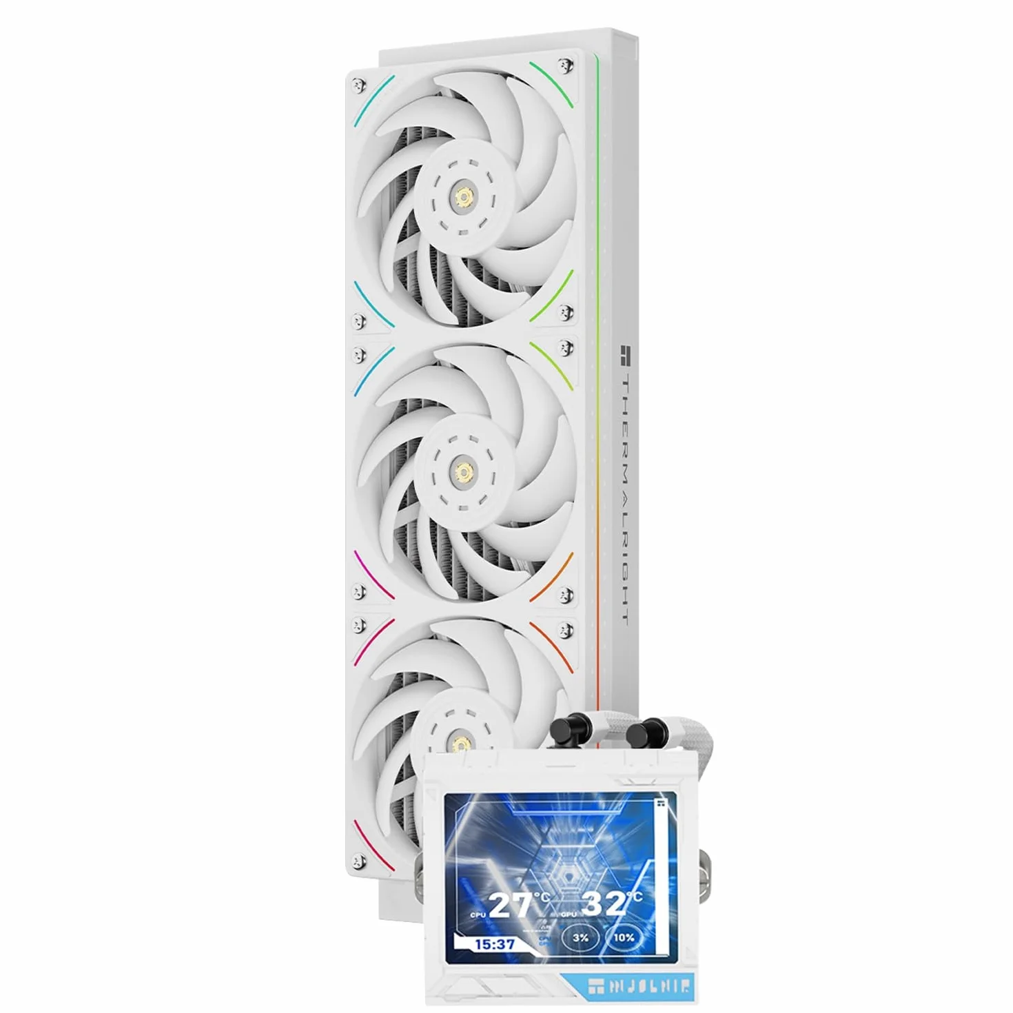 TR Mjolnir Vision 360 UB PRO ARGB Biały CPU-Aio-Chłodnica, 360-Specyfikacja System Chłodzenia Wodoodporny z Wentylatorem Wbudowanym, 3,5" Ekran LCD z Rozdzielczością 640x480 dla AM4/AM5; Intel LGA1700