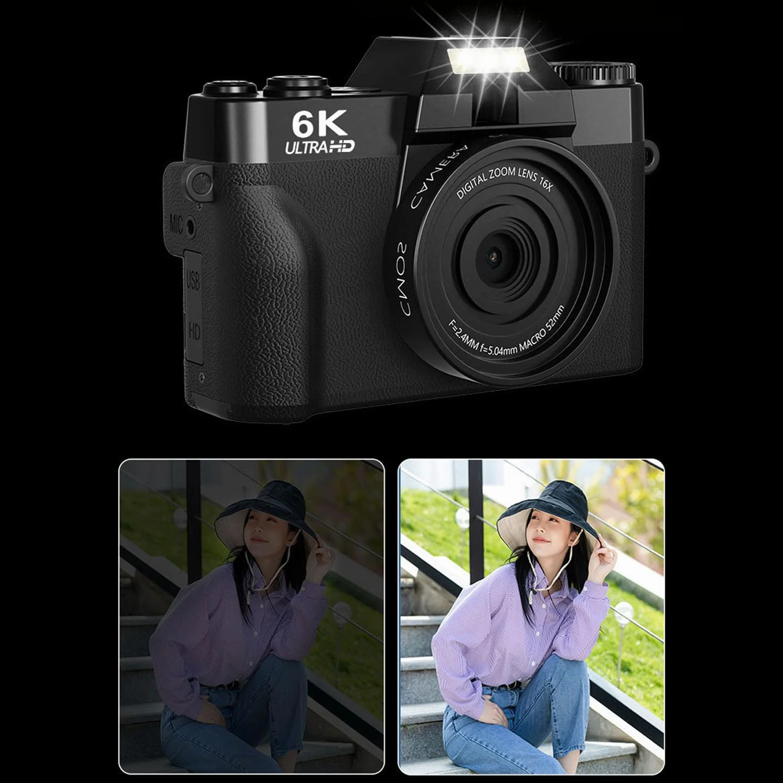 6K Aparat Cyfrowy do Fotografii, 64MP Wi -Fi Autofocus Video Camara z Ekranem Klapki 180 °, 16x Zoom, Kompaktowa Konstrukcja do Podróży, Karta Pamięci 32 GB