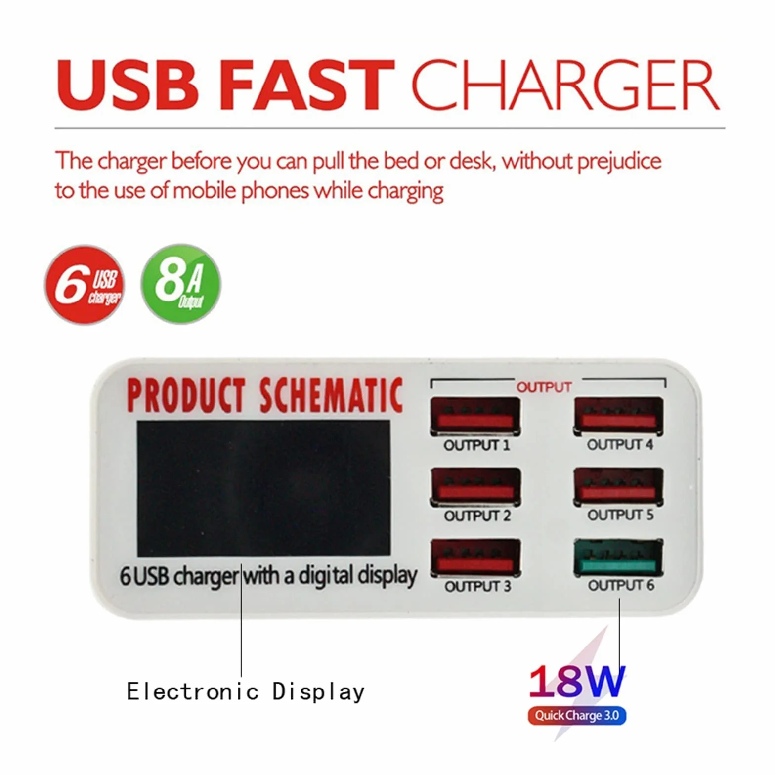 Ładowarka USB, 6A z cyfrowym wyświetlaczem LCD 6-portowa szybka inteligentna stacja ładująca do tabletów telefonicznych smartfonów, użytku w biurze domowym Przenośny(896)