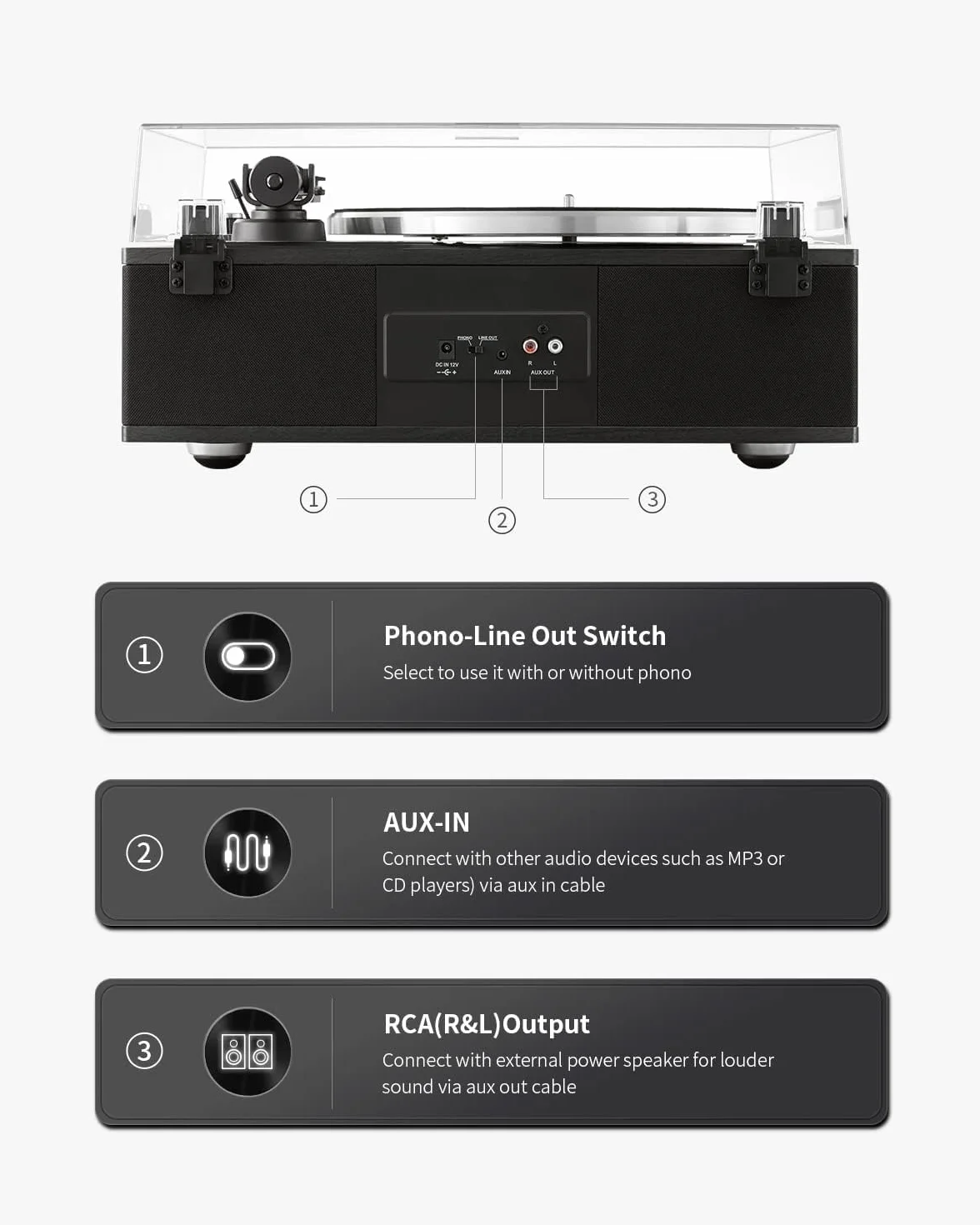 ANGELS HORN Bluetooth Hi-Fi Gramofon z Wbudowanymi Głośnikami | Wbudowany przedwzmacniacz phono, wkładka magnetyczna AT-3600L, napęd paskowy 33/45 RPM i regulowana przeciwwaga