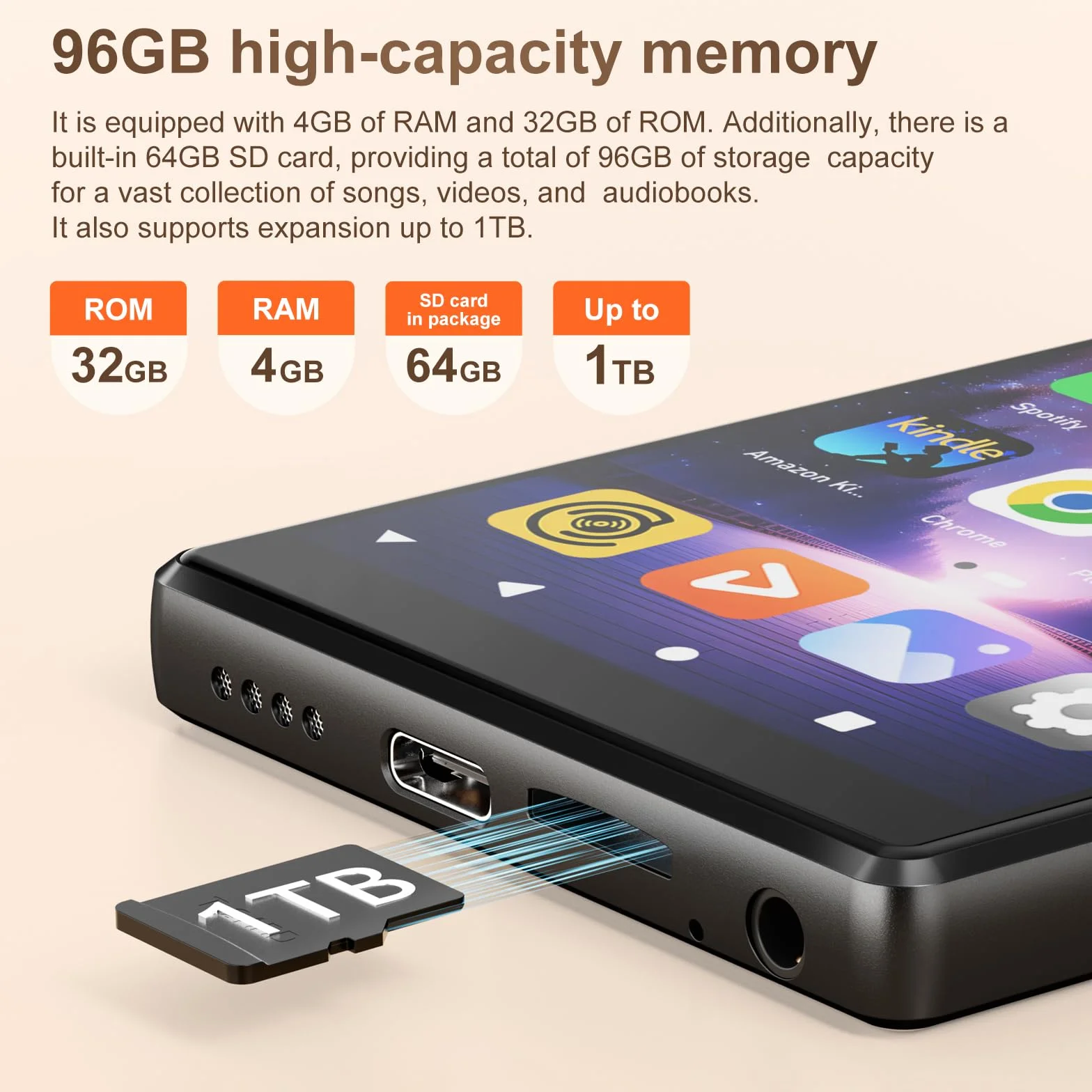 SWOFY Odtwarzacz MP3 z ekranem dotykowym 96 GB, 5 cali, Bluetooth 5.0, 2500 mAh, dwuzakresowa sieć Wi-Fi, Android 13.0, dźwięk HI-FI, wstępnie zainstalowany Spotify & Amazon Music E-book Reader