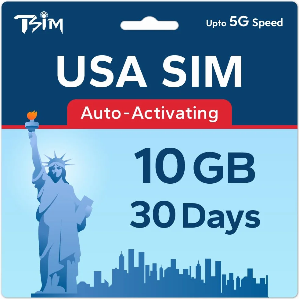 TSIM Karta SIM USA 30 dni 10 GB | Sieć 5G o wysokim zasięgu | Automatyczna aktywacja | Plan wielokrotnego napełniania | Dozwolony hotspot | Tylko dane