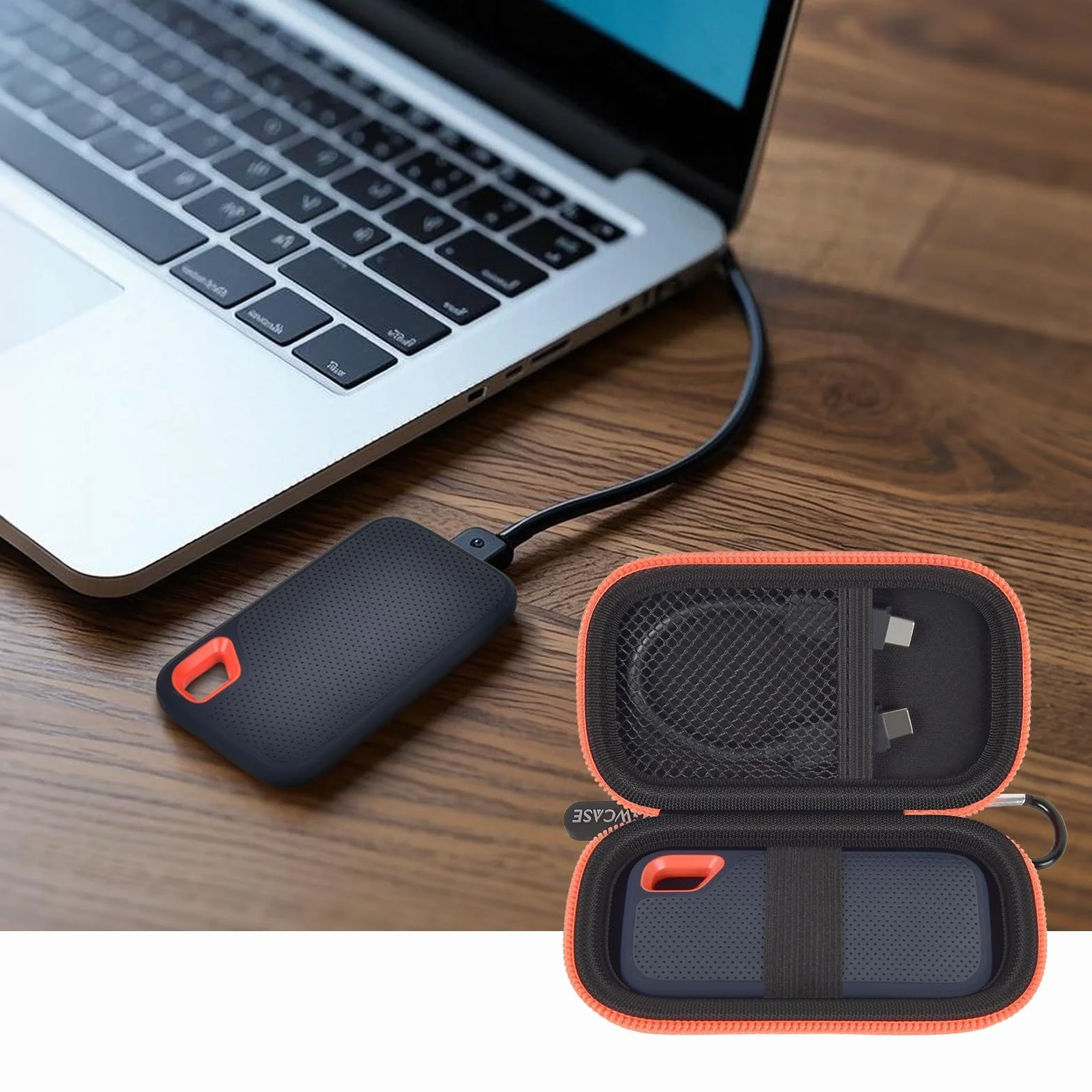 Twarde etui kompatybilne z SanDisk 500 GB/ 1 TB / 2 TB / 4 TB Extreme Portable SSD - do 1050 MB/s - USB-C, USB 3.2 Gen 2 - zewnętrzny dysk półprzewodnikowy. Uchwyt podróżny na kable USB - niebieski